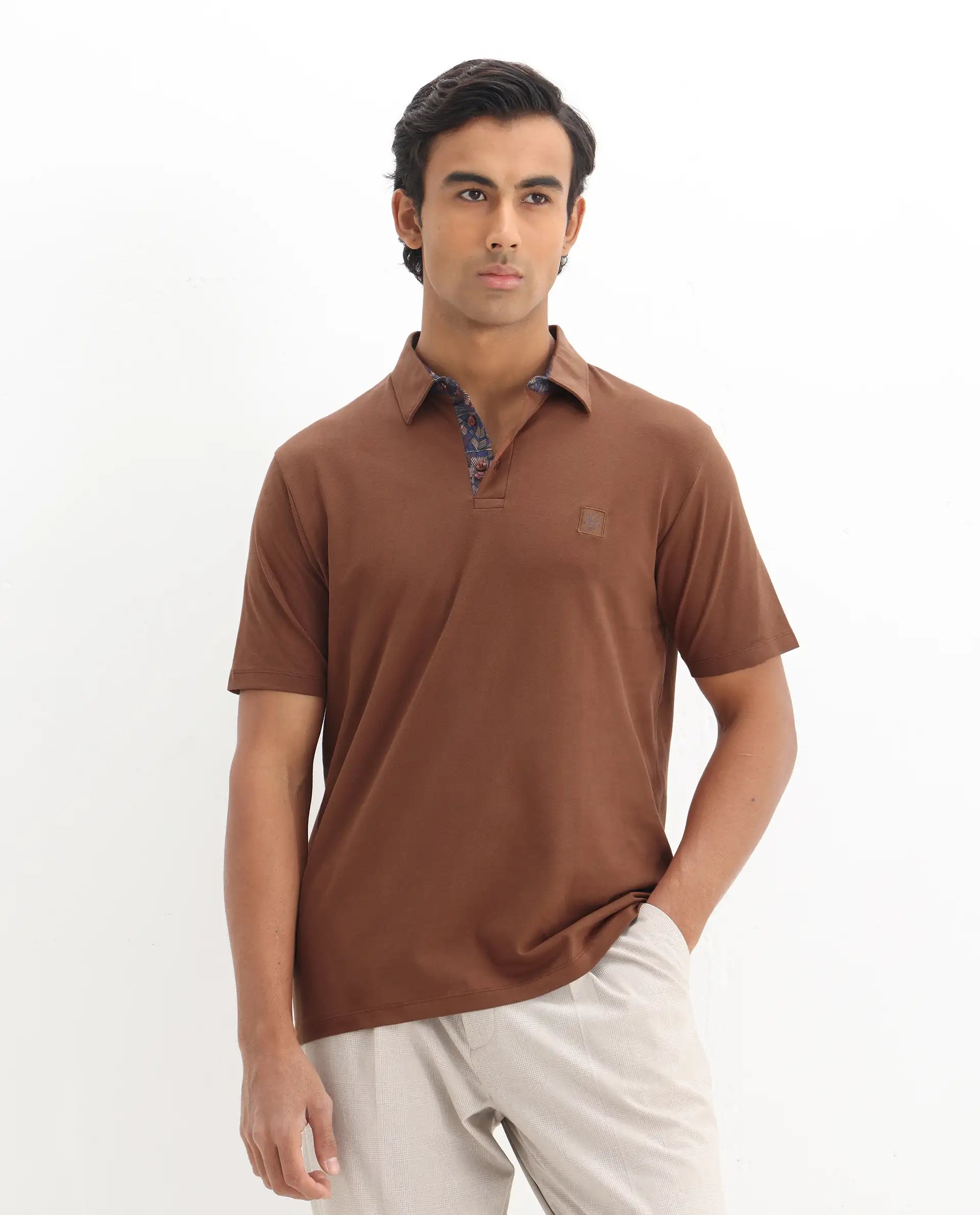 Rare Rabbit Men's Spencer Rust Cotton Plain Regular Fit Half Sleeve Polo