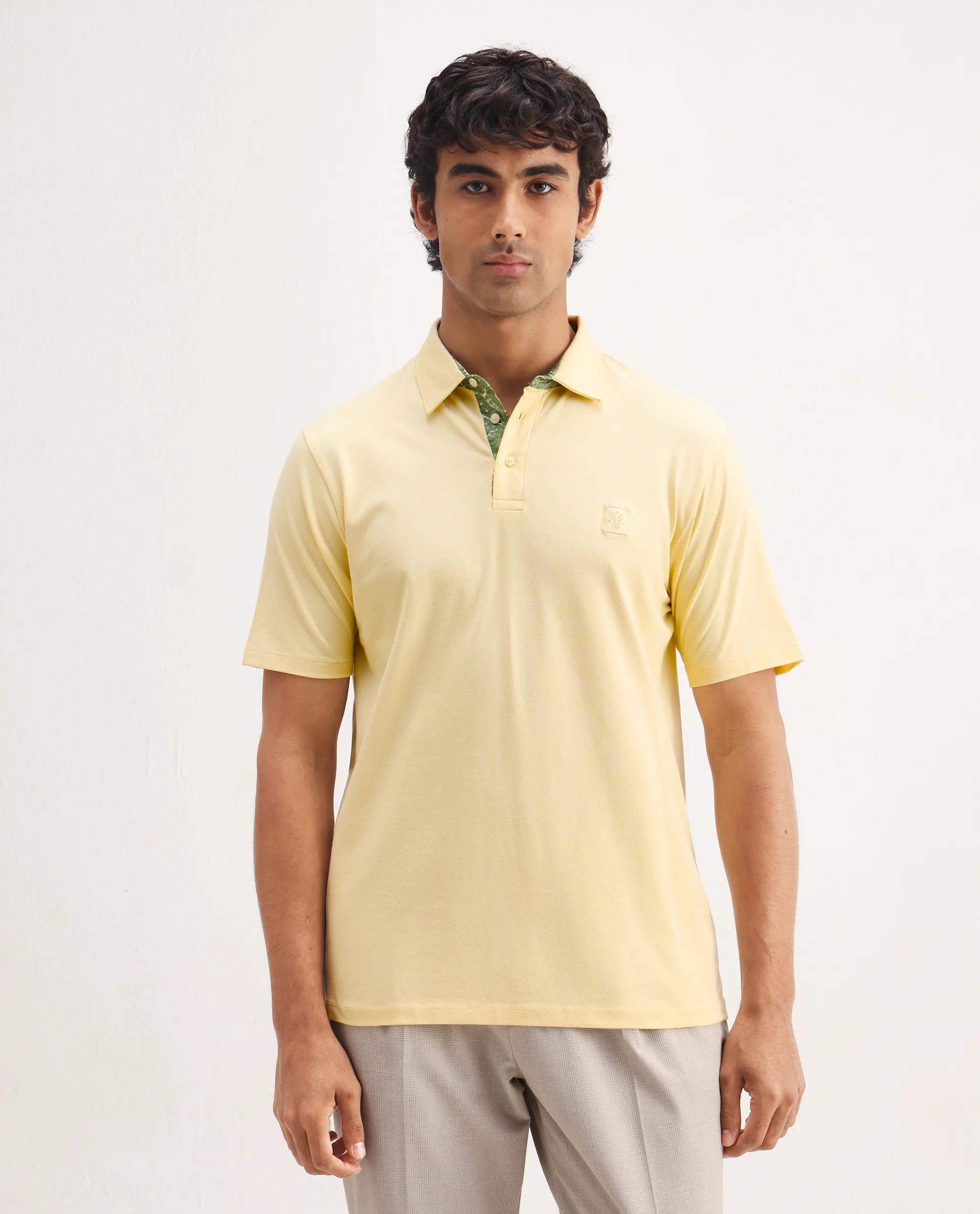 Rare Rabbit Men's Spencer Yellow Cotton Plain Regular Fit Half Sleeve Polo