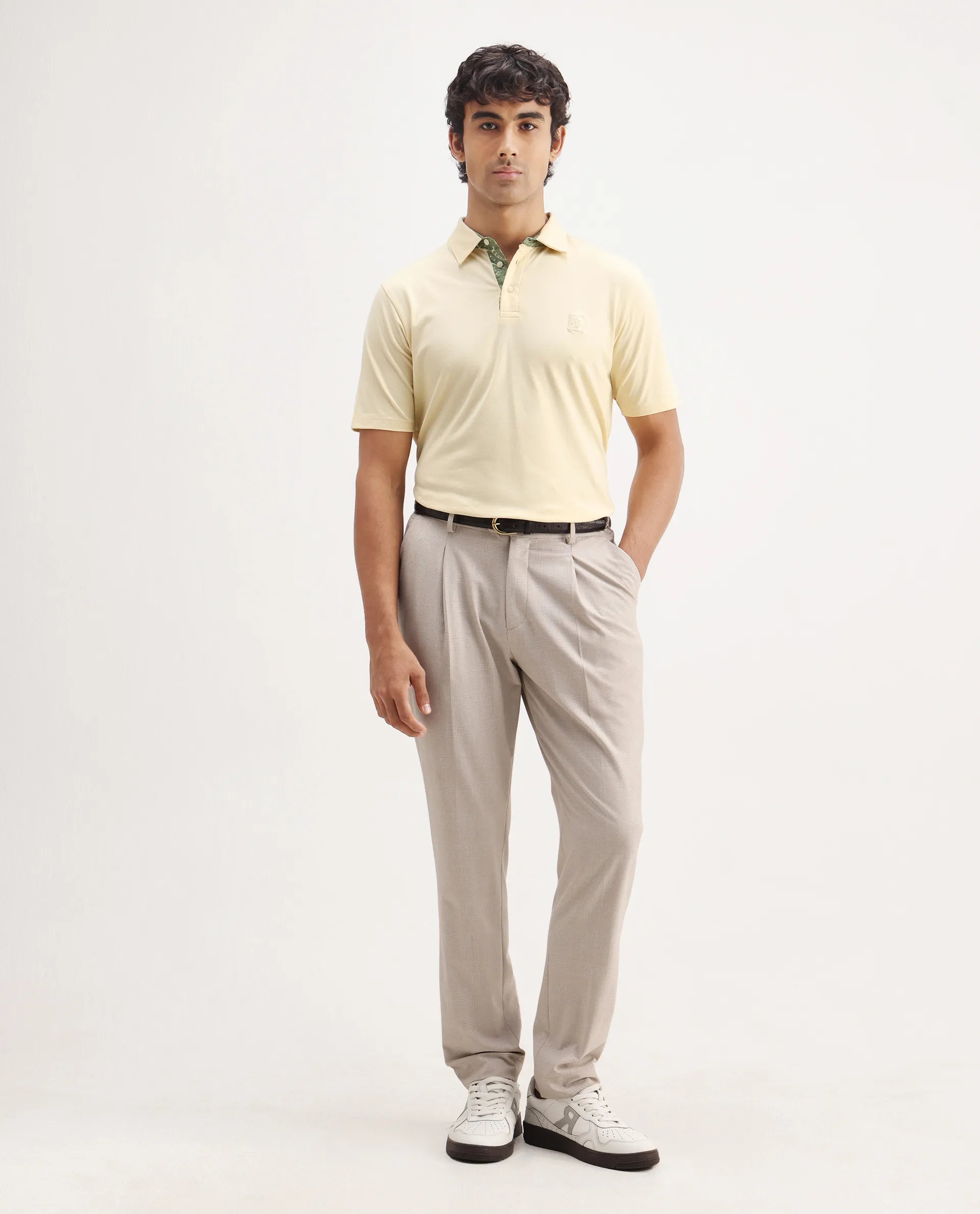 Rare Rabbit Men's Spencer Yellow Cotton Plain Regular Fit Half Sleeve Polo