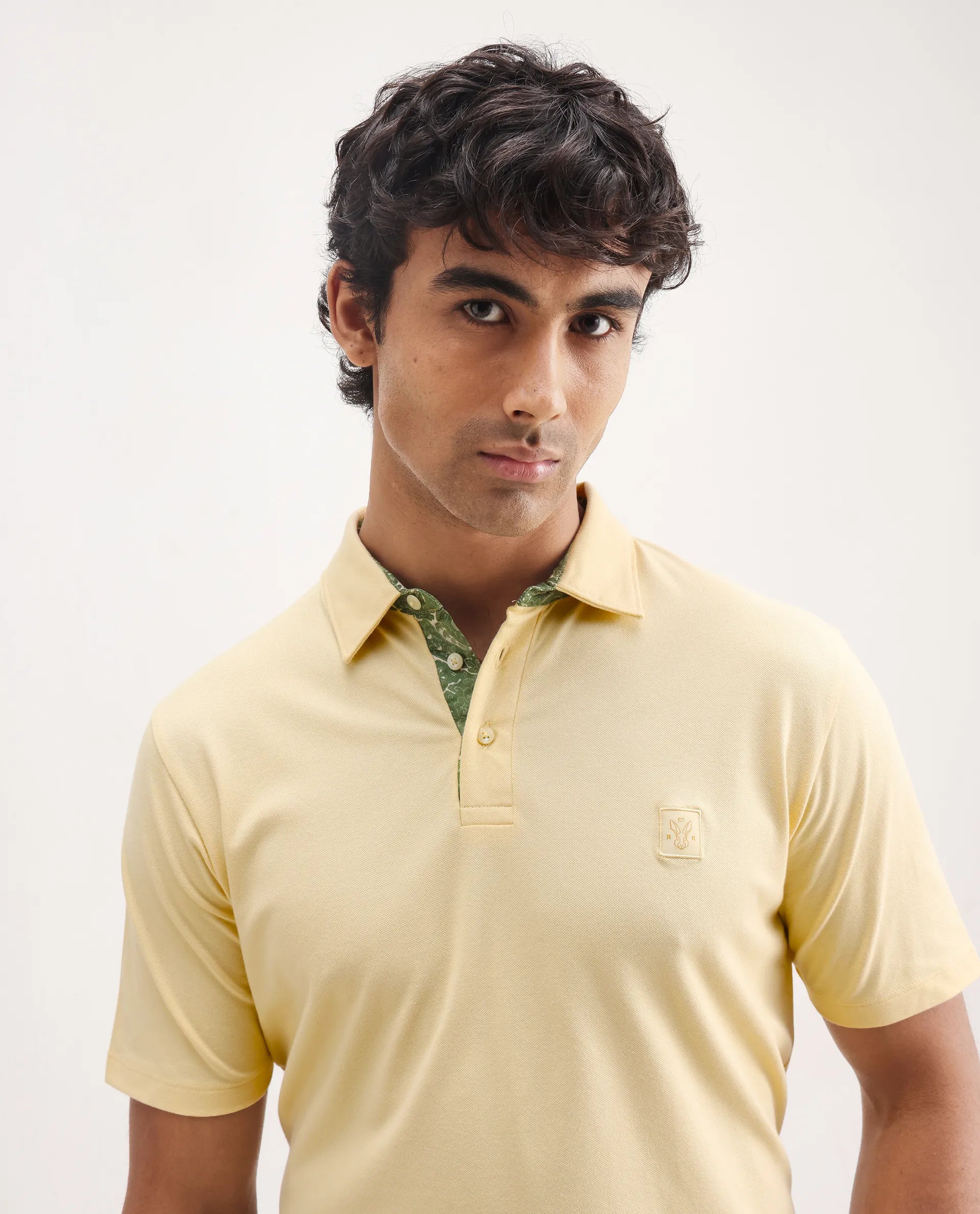 Rare Rabbit Men's Spencer Yellow Cotton Plain Regular Fit Half Sleeve Polo