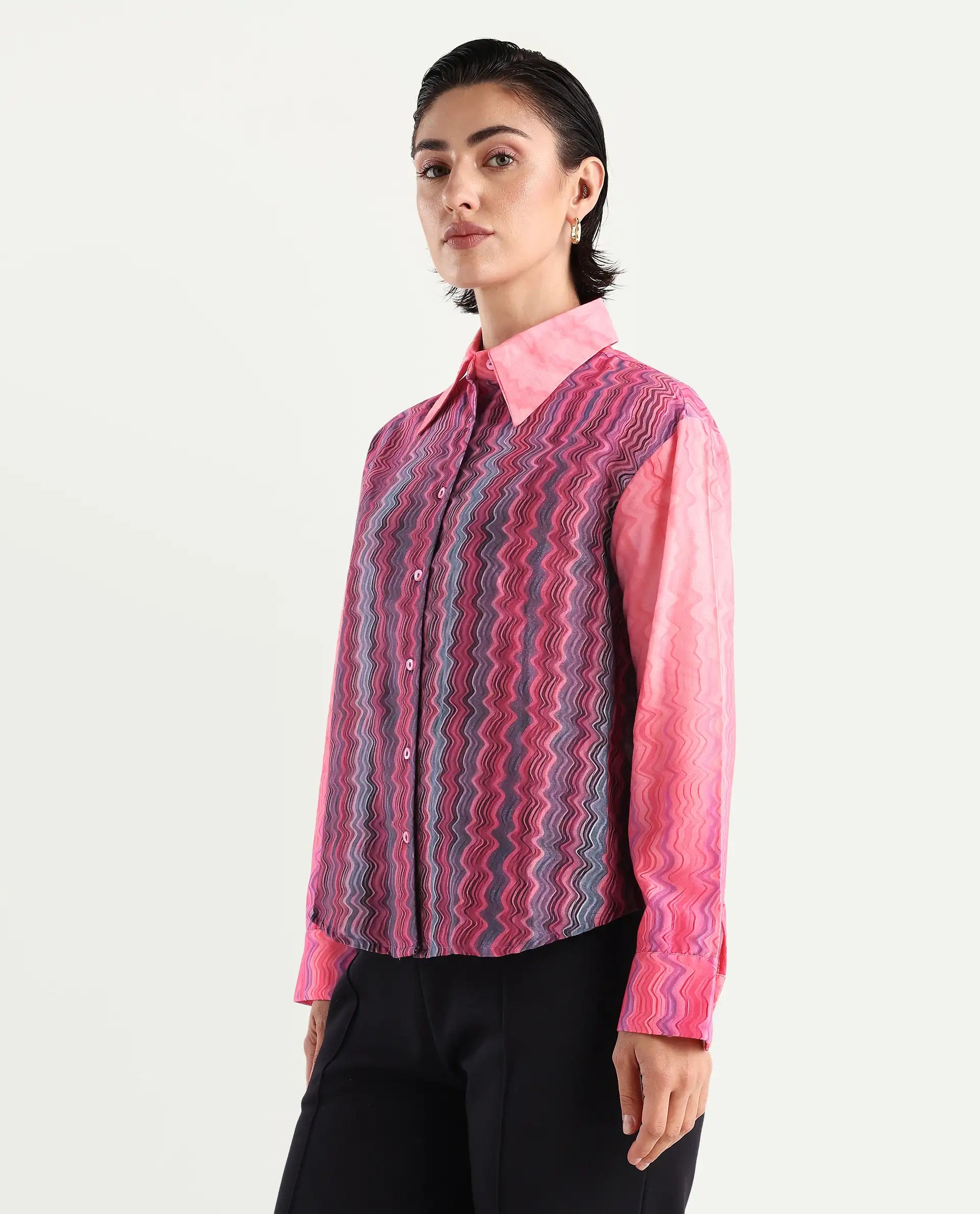 Rareism Women's Spezia Multi Cotton Drop Collar Abstract Print Cuffed Sleeve Regular Fit Shirt