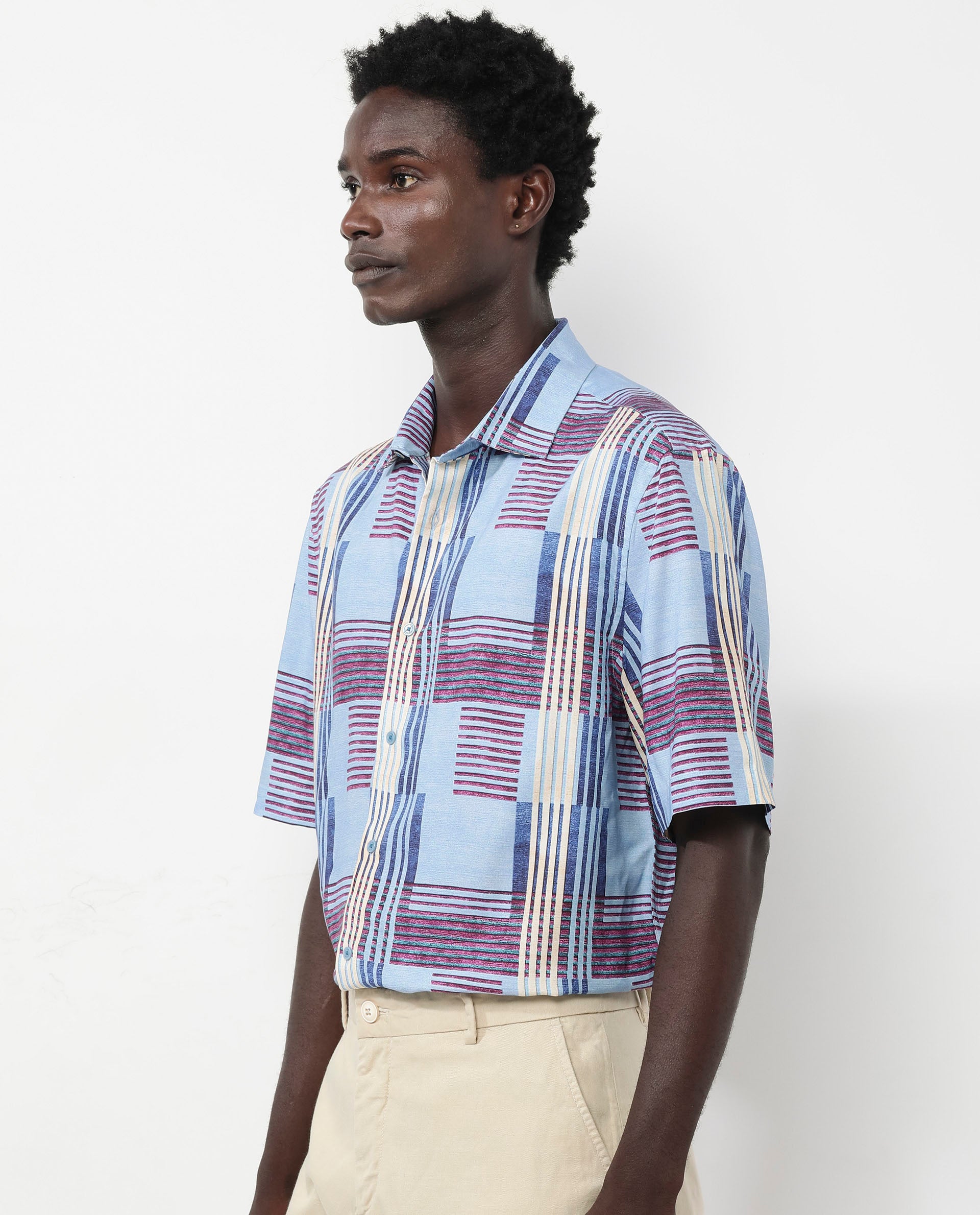 Rare Rabbit Men's Spica Light Blue Viscose Fabric Short Sleeve Regular Fit Abstract Print Shirt