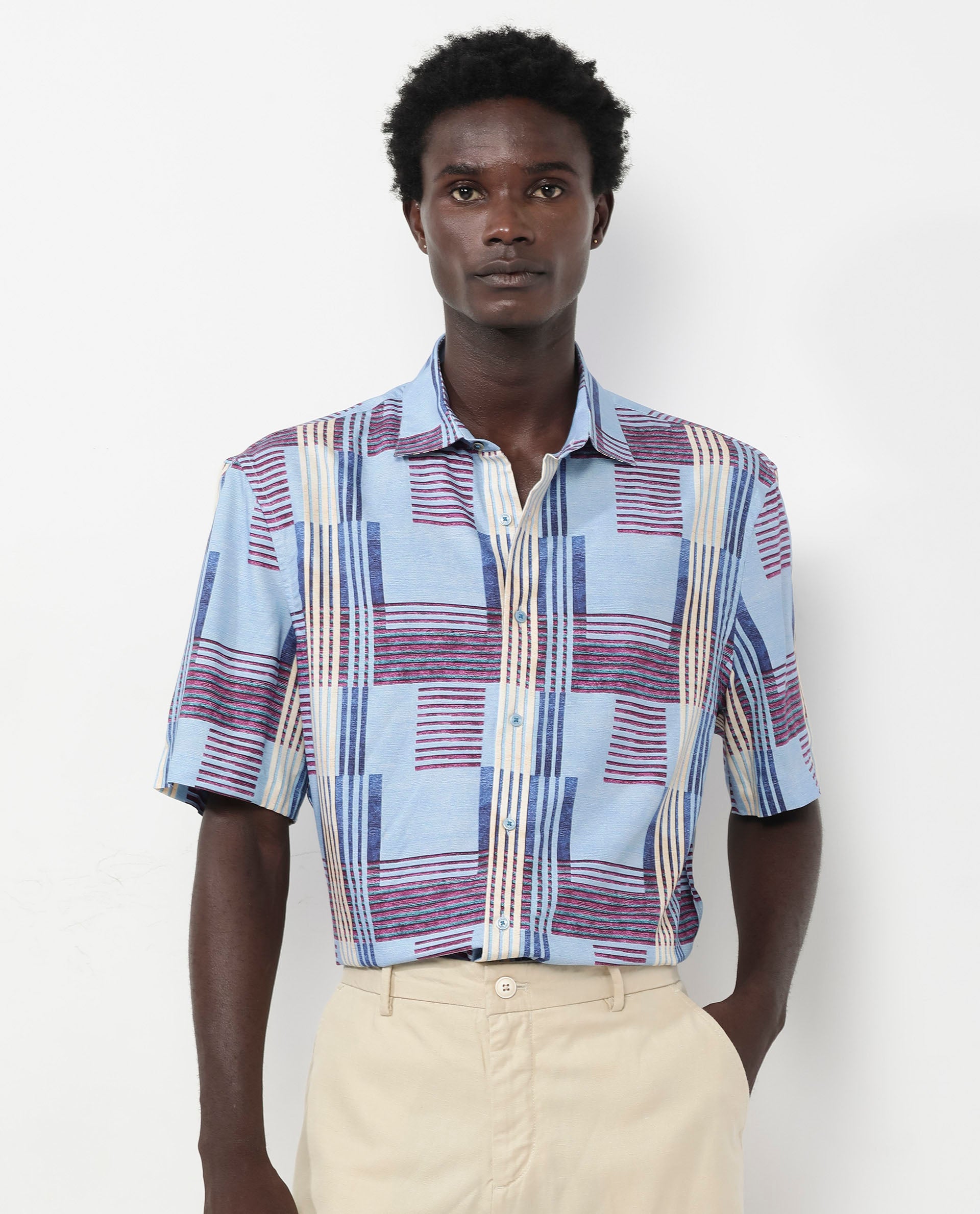 Rare Rabbit Men's Spica Light Blue Viscose Fabric Short Sleeve Regular Fit Abstract Print Shirt