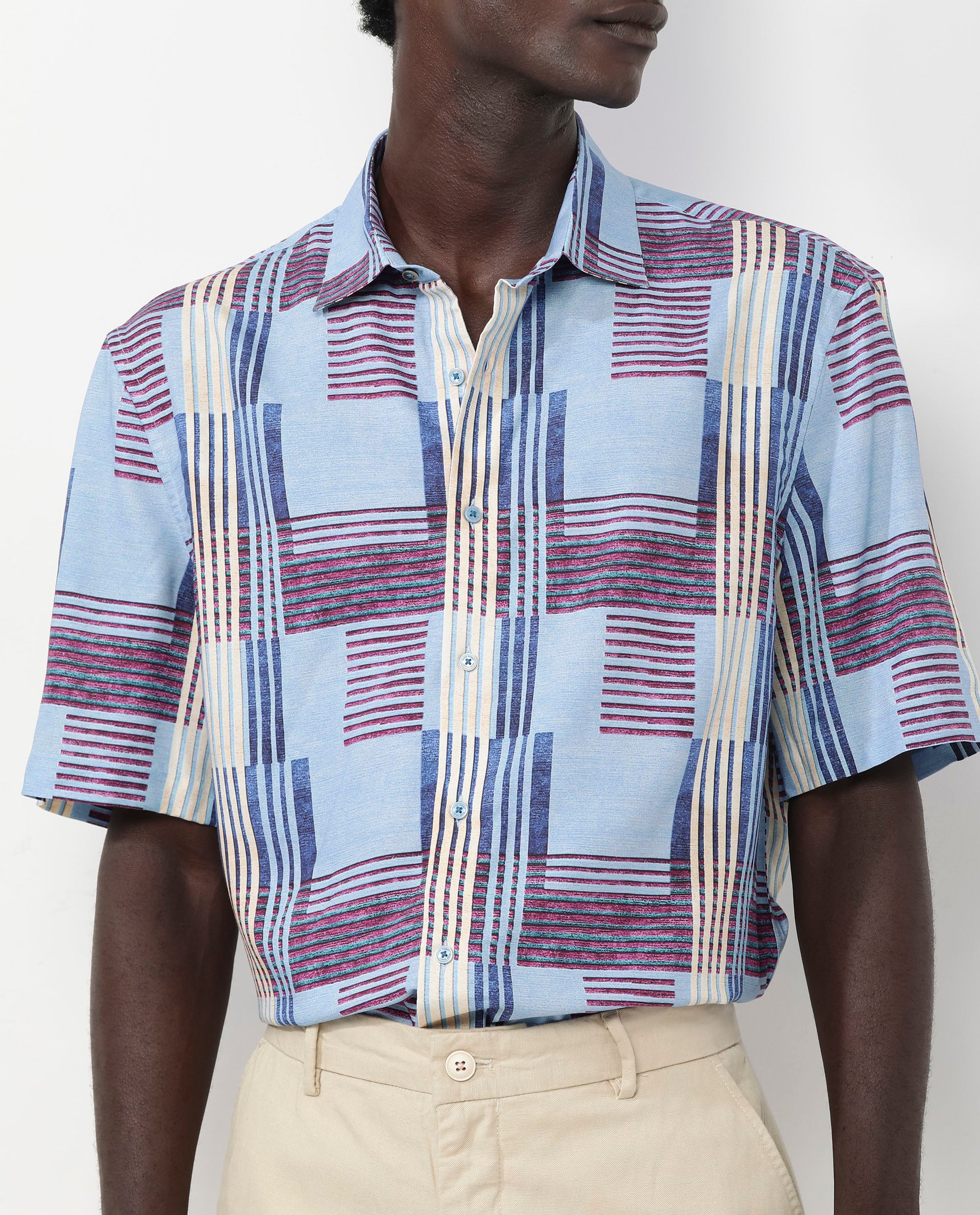 Rare Rabbit Men's Spica Light Blue Viscose Fabric Short Sleeve Regular Fit Abstract Print Shirt