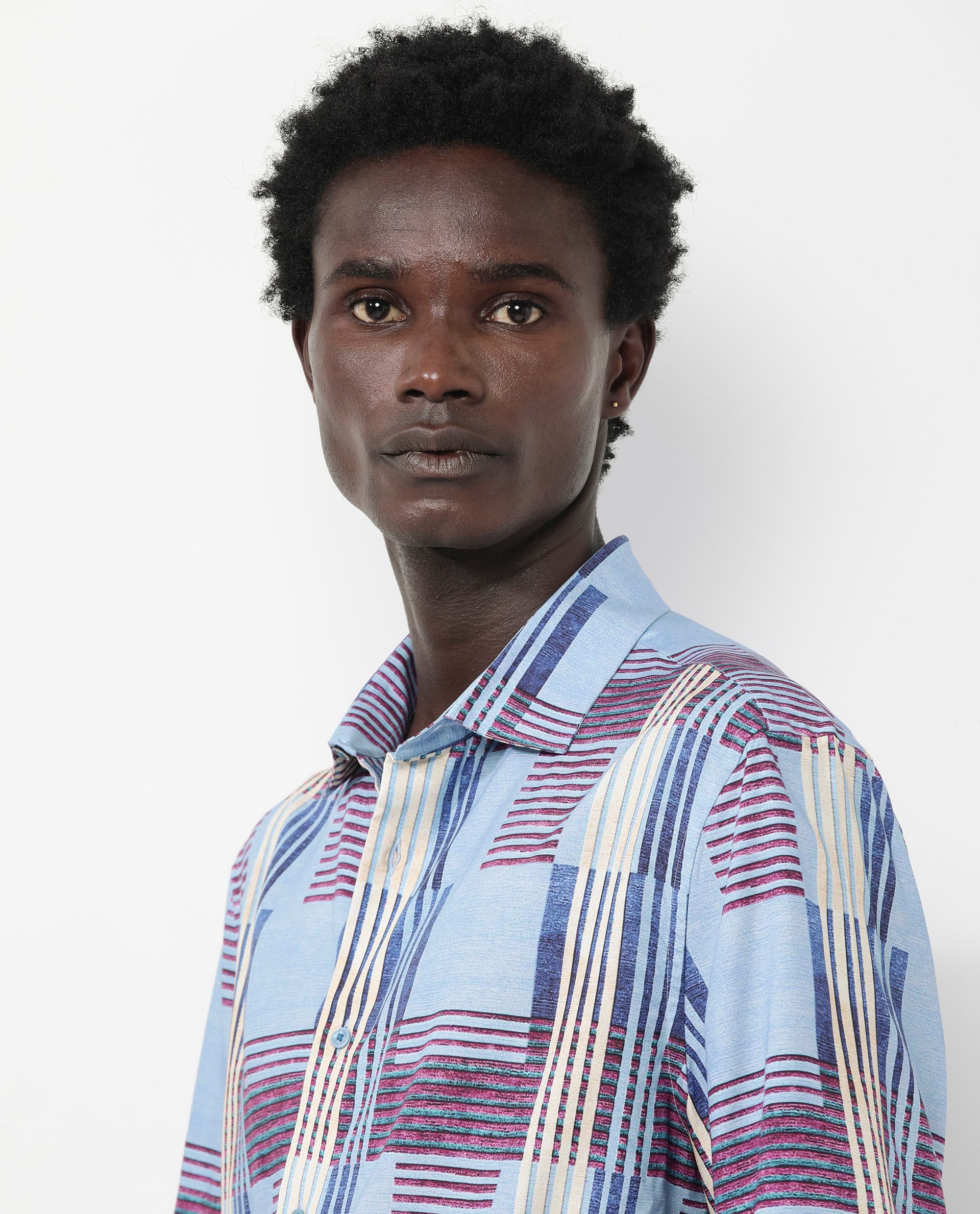 Rare Rabbit Men's Spica Light Blue Viscose Fabric Short Sleeve Regular Fit Abstract Print Shirt