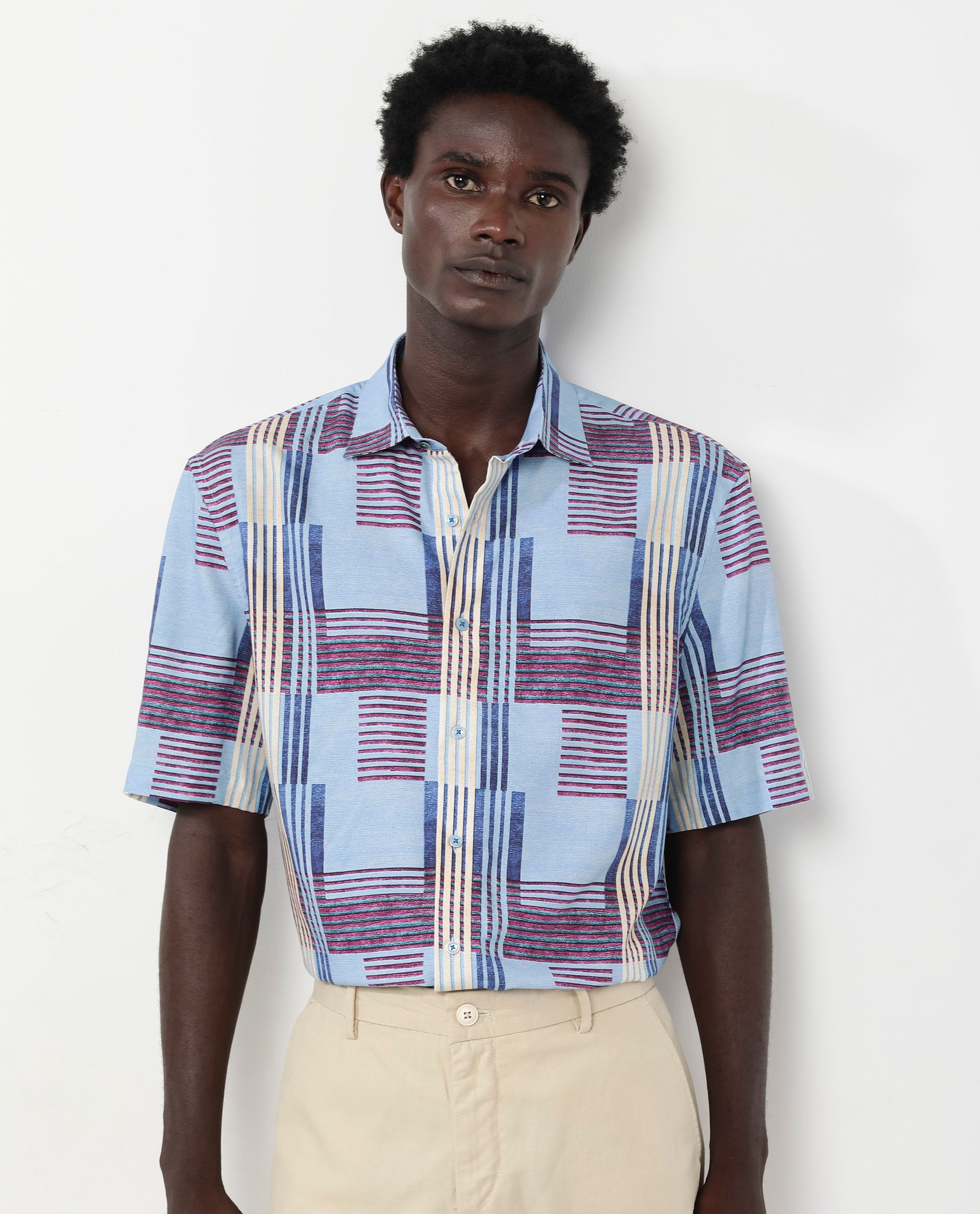 Rare Rabbit Men's Spica Light Blue Viscose Fabric Short Sleeve Regular Fit Abstract Print Shirt