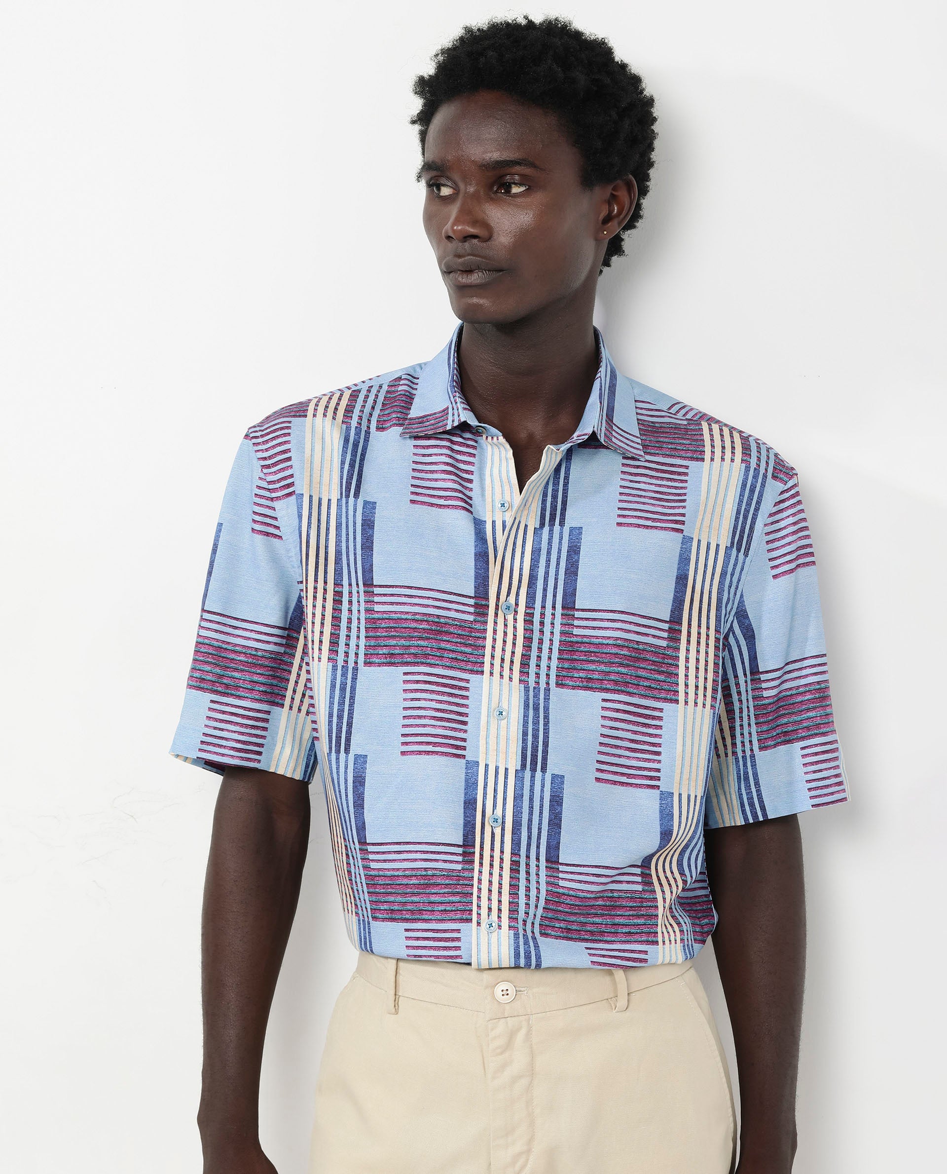 Rare Rabbit Men's Spica Light Blue Viscose Fabric Short Sleeve Regular Fit Abstract Print Shirt