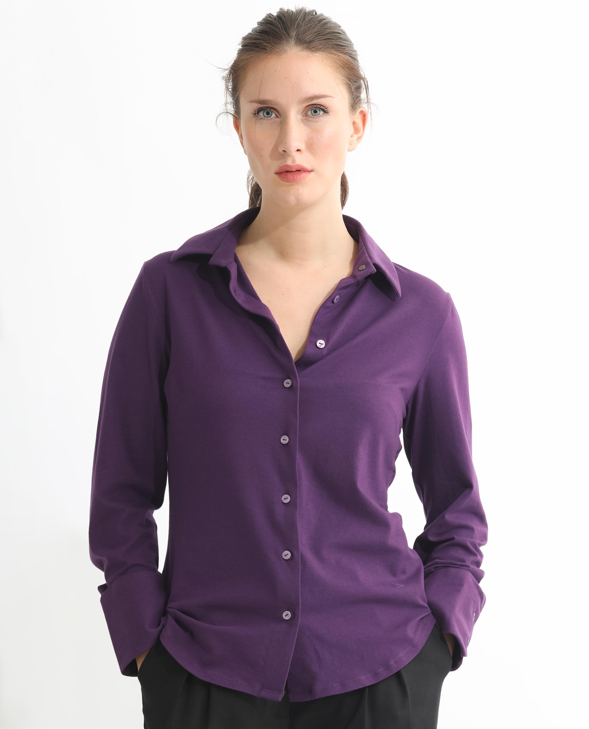 Rareism Women Spie Dark Purple Regular Sleeve Shirt Collar Solid Shirt