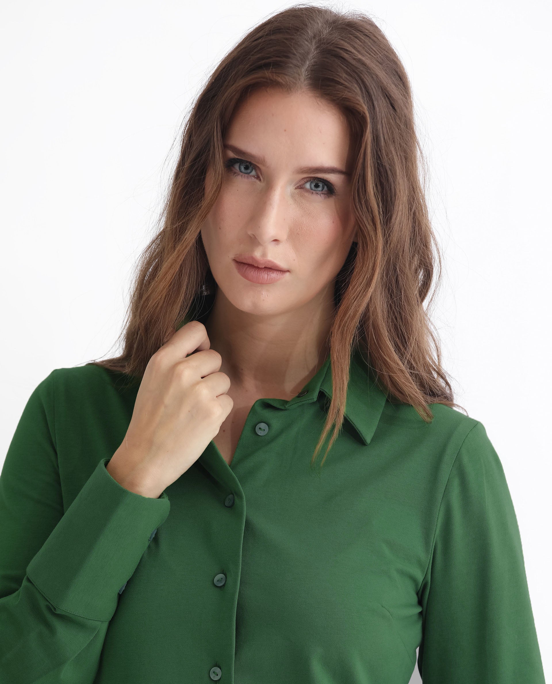 Rareism Women Spie Olive Regular Sleeve Shirt Collar Solid Shirt