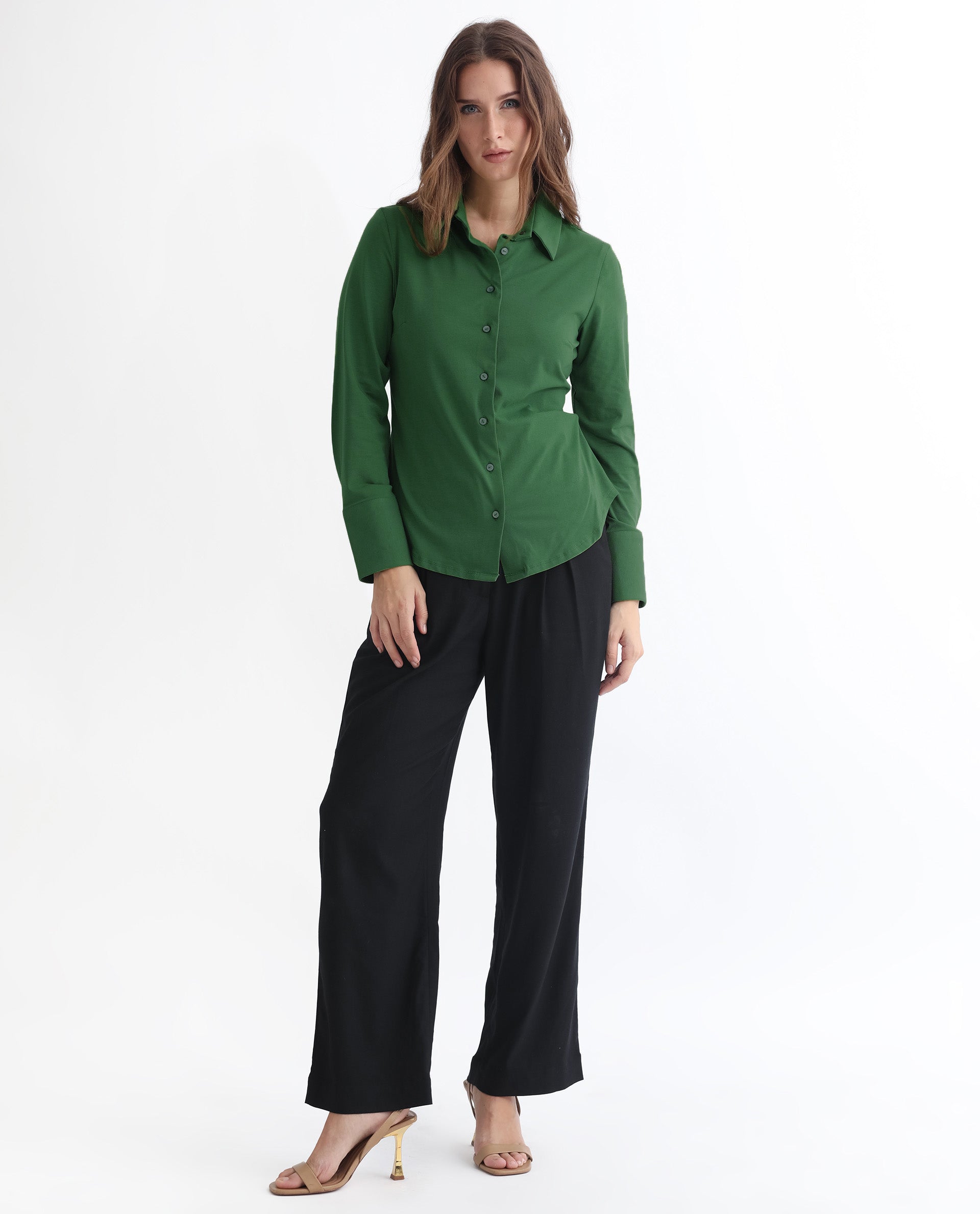 Rareism Women Spie Olive Regular Sleeve Shirt Collar Solid Shirt