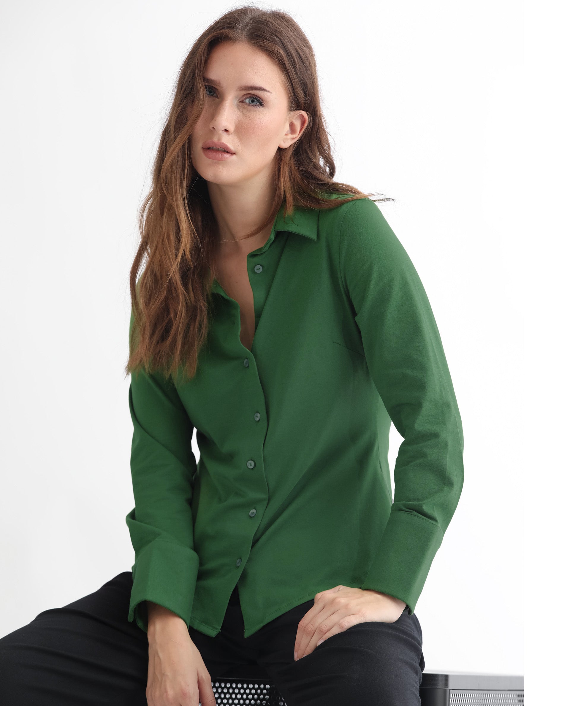 Rareism Women Spie Olive Regular Sleeve Shirt Collar Solid Shirt