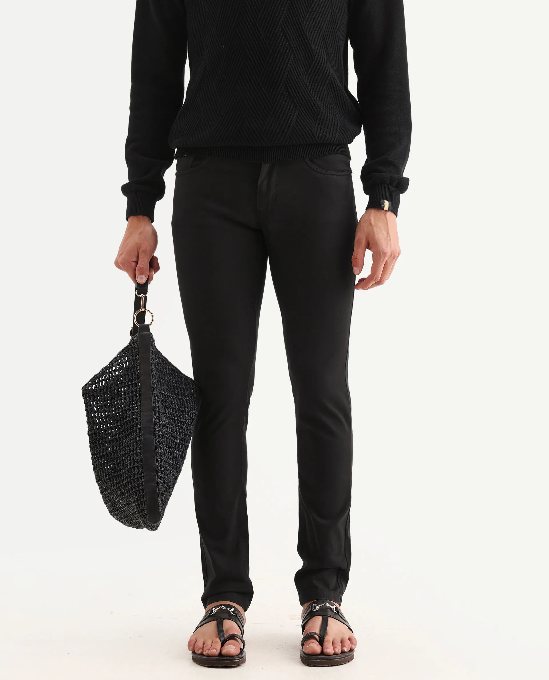 Rare Rabbit Men's Spoke-22 Black Cotton Plain Regular Fit Trouser