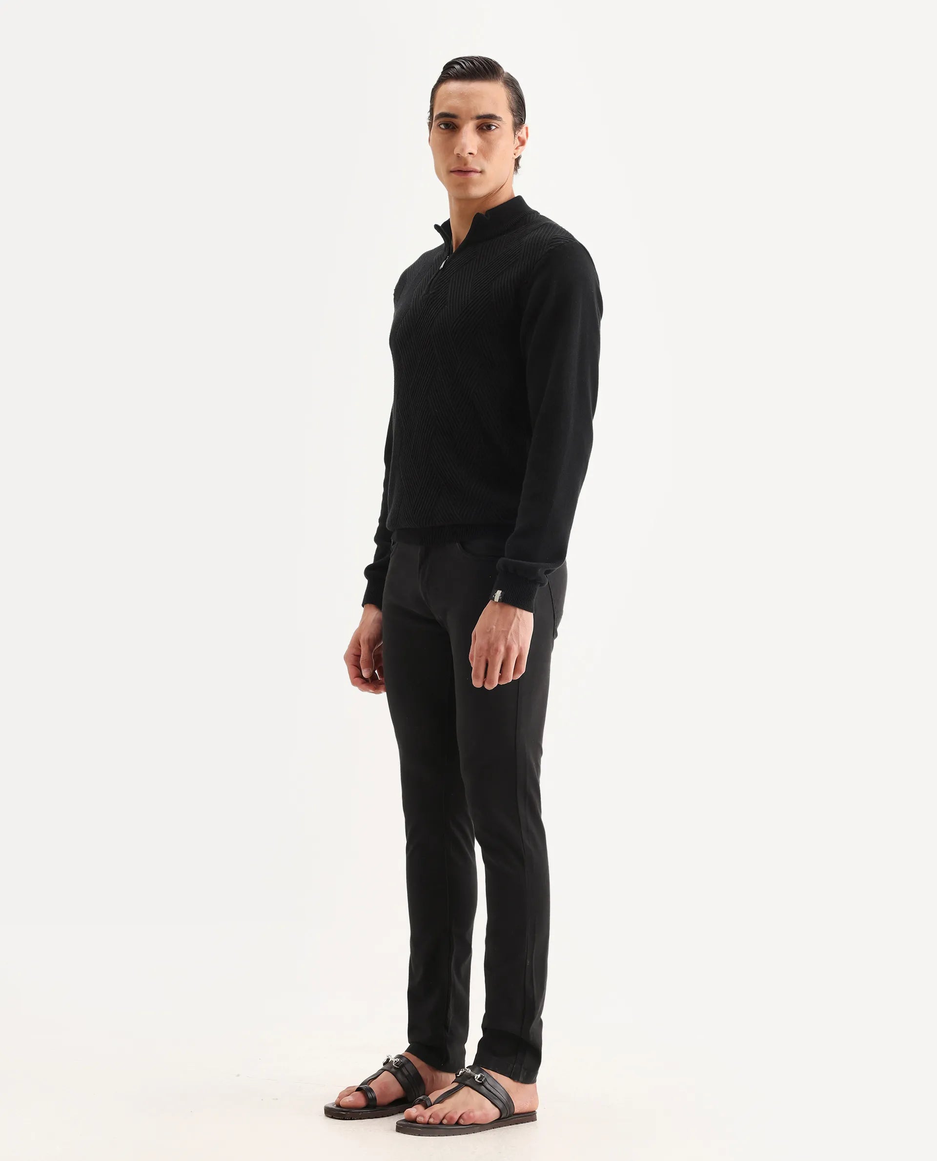 Rare Rabbit Men's Spoke-22 Black Cotton Plain Regular Fit Trouser