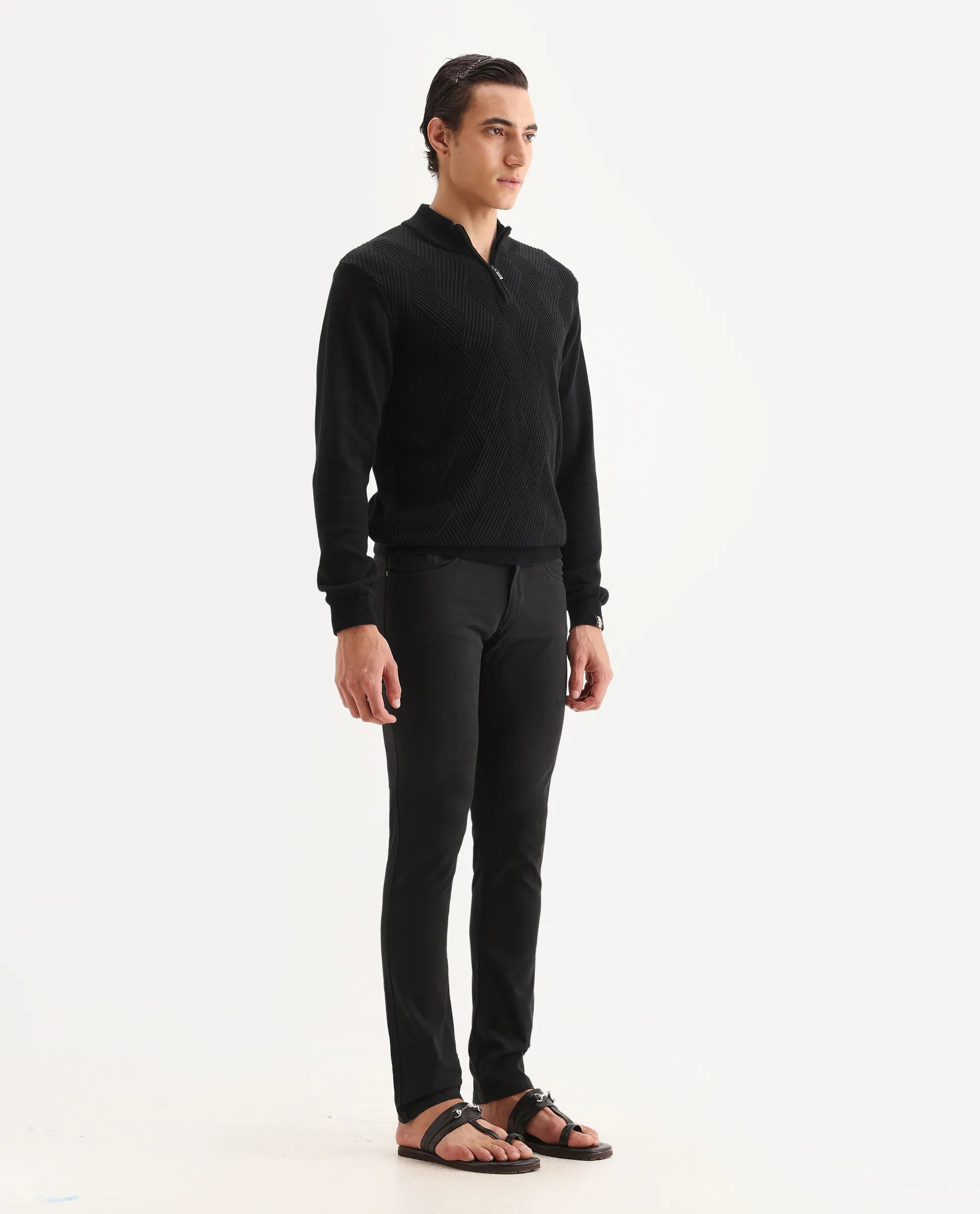 Rare Rabbit Men's Spoke-22 Black Cotton Plain Regular Fit Trouser