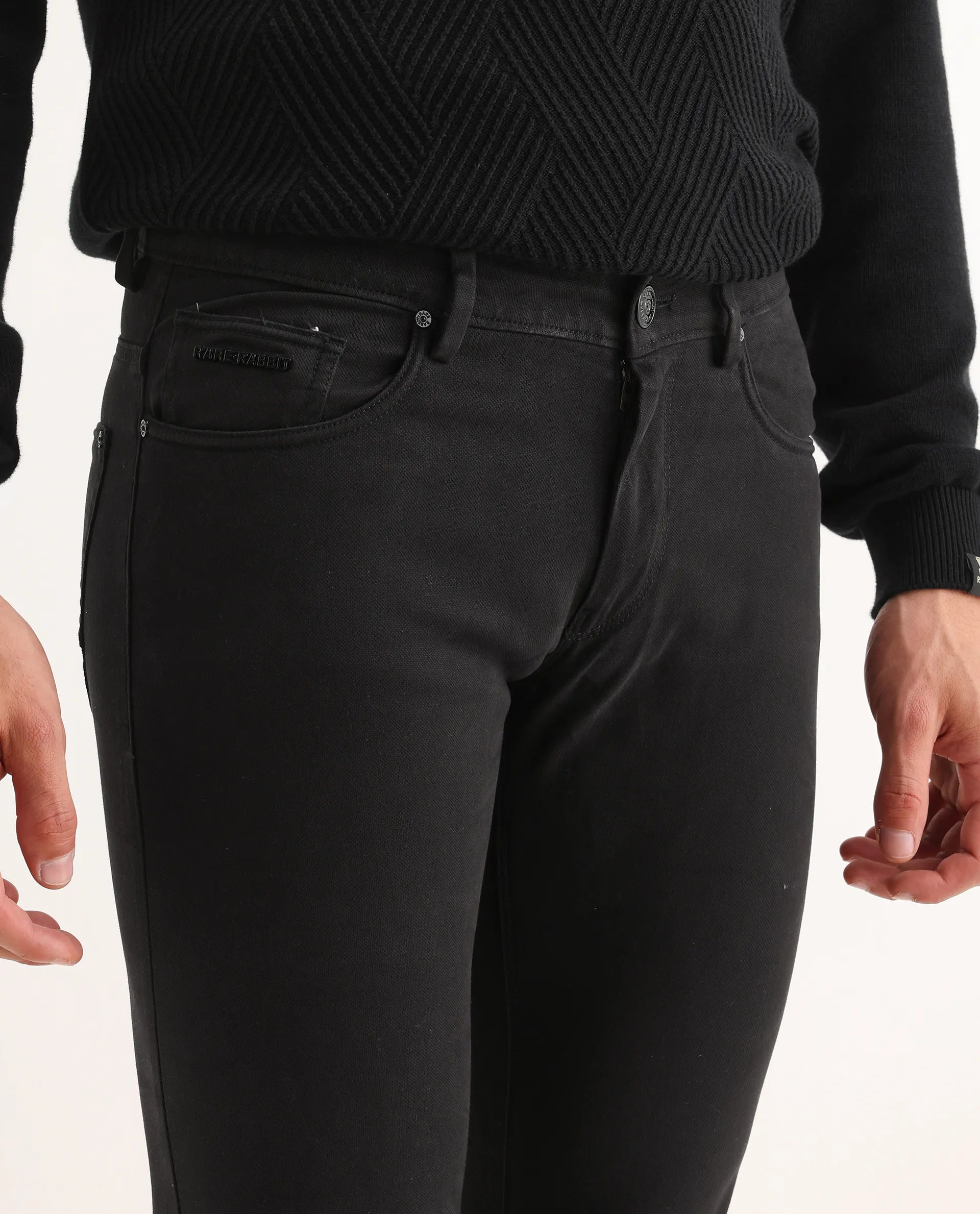 Rare Rabbit Men's Spoke-22 Black Cotton Plain Regular Fit Trouser