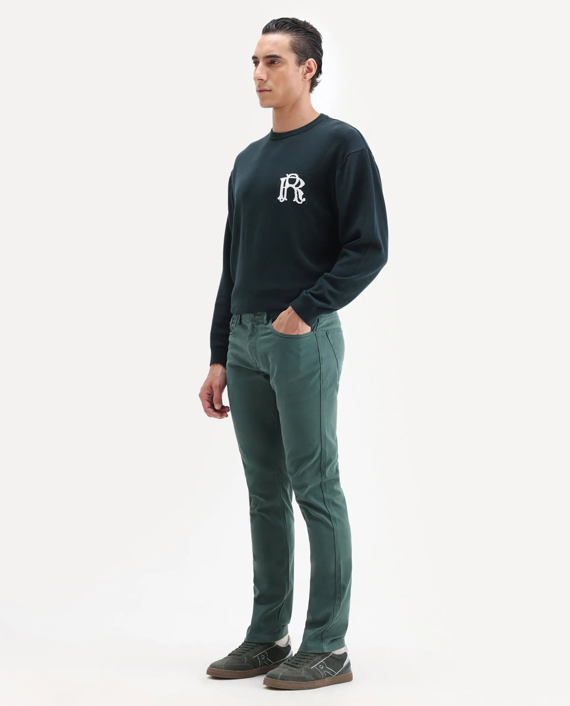 Rare Rabbit Men's Spoke-22 Green Cotton Plain Regular Fit Trouser