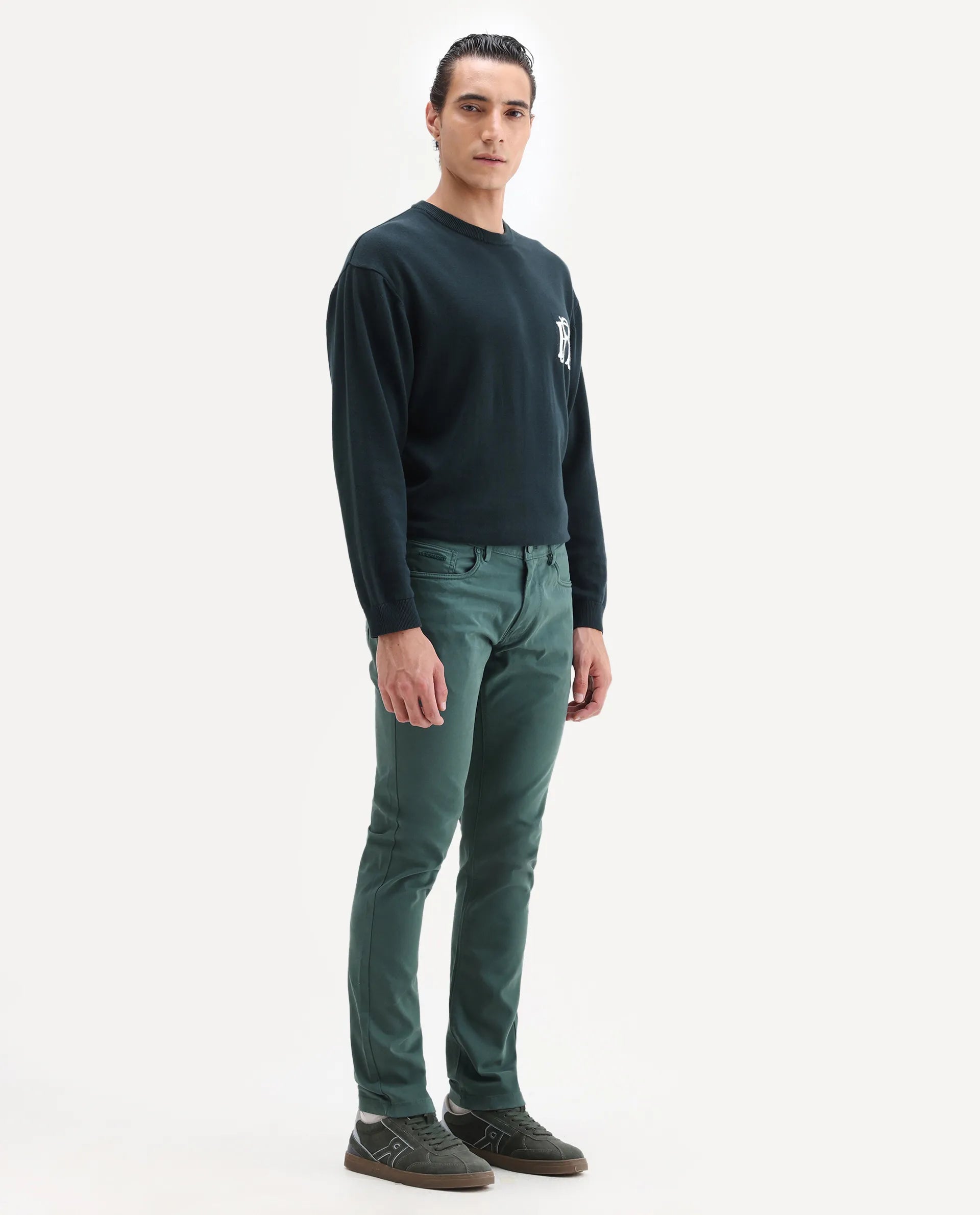 Rare Rabbit Men's Spoke-22 Green Cotton Plain Regular Fit Trouser
