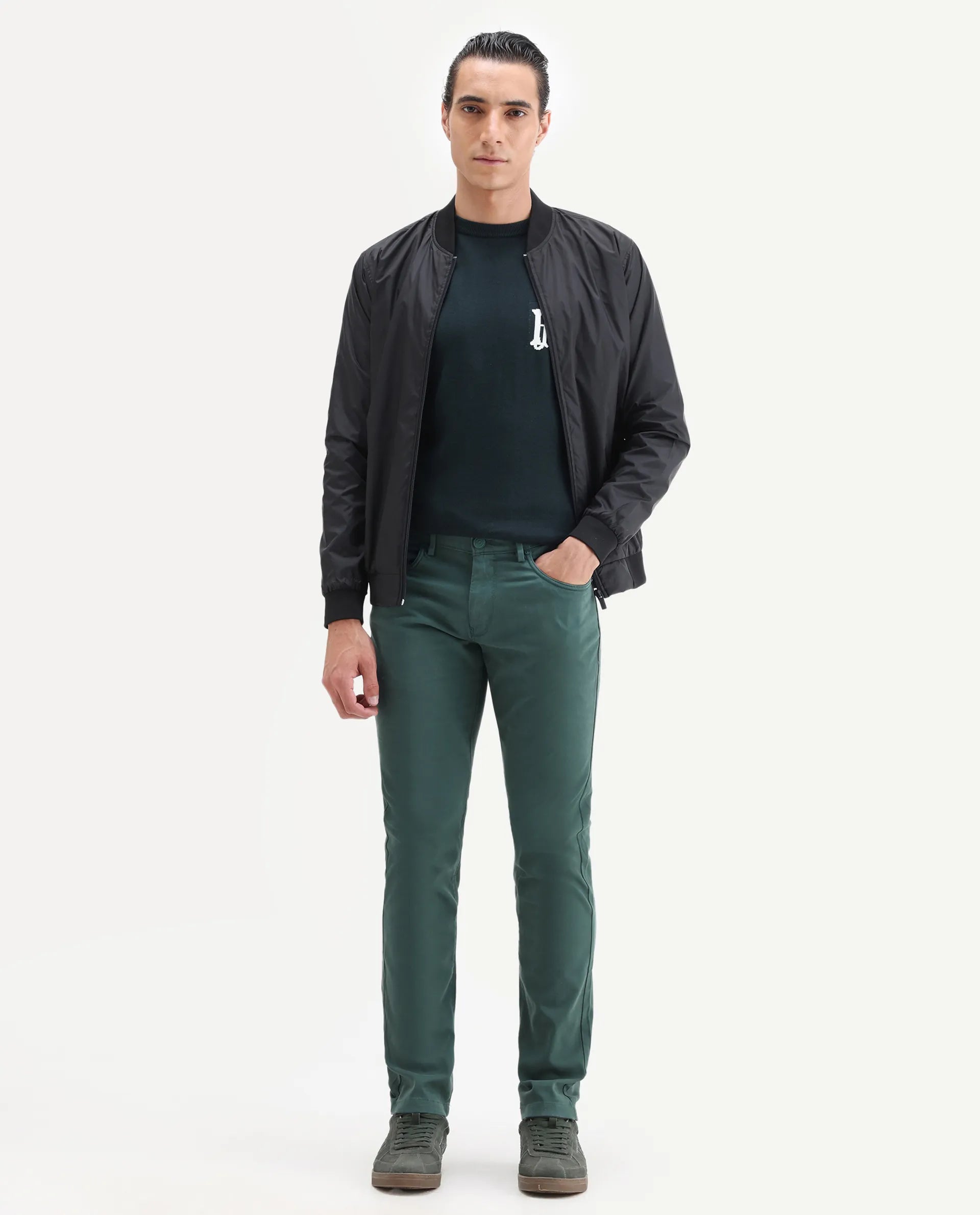 Rare Rabbit Men's Spoke-22 Green Cotton Plain Regular Fit Trouser