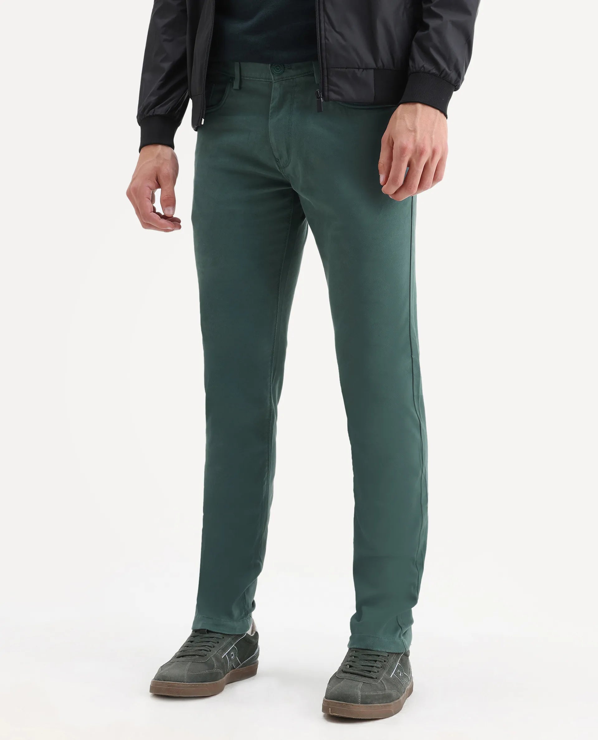 Rare Rabbit Men's Spoke-22 Green Cotton Plain Regular Fit Trouser