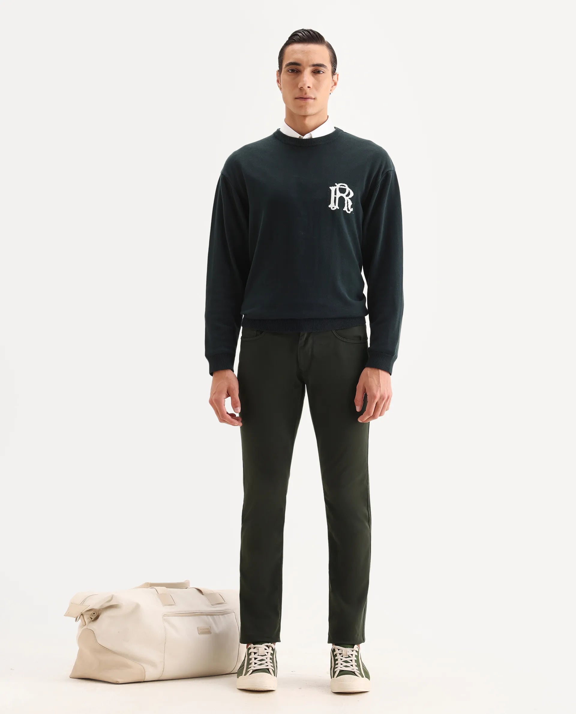 Rare Rabbit Men's Spoke-22 Olive Cotton Plain Regular Fit Trouser