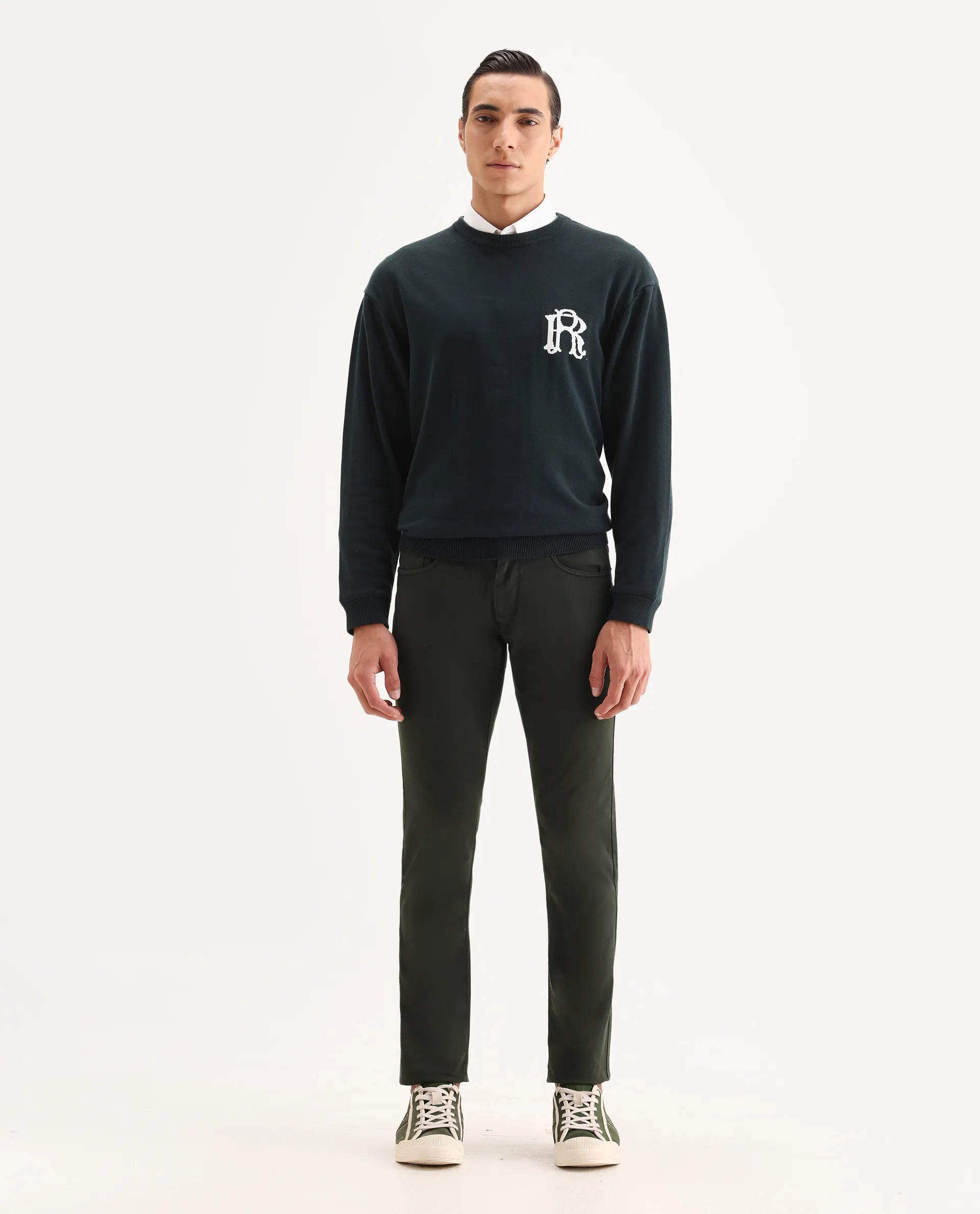 Rare Rabbit Men's Spoke-22 Olive Cotton Plain Regular Fit Trouser