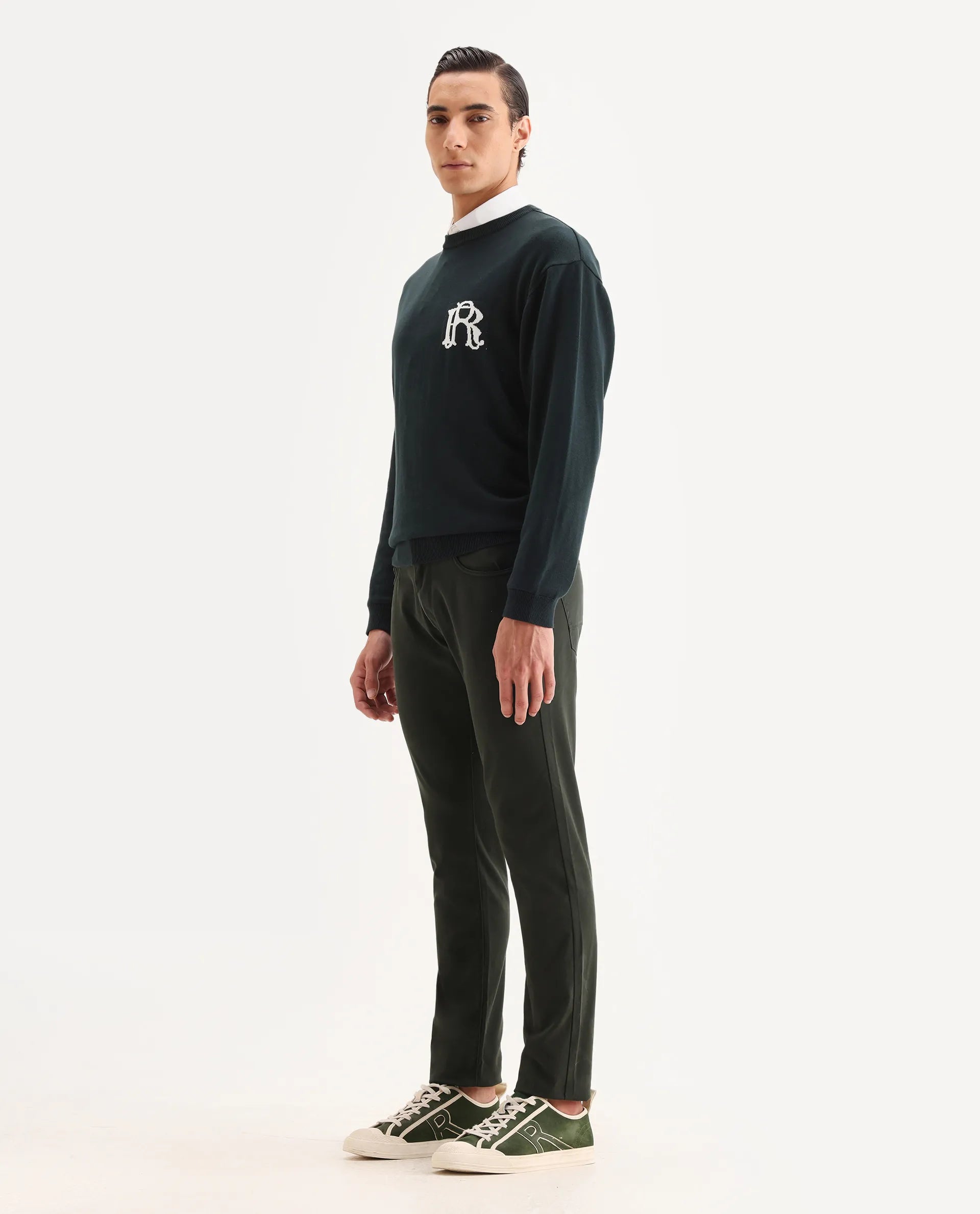 Rare Rabbit Men's Spoke-22 Olive Cotton Plain Regular Fit Trouser