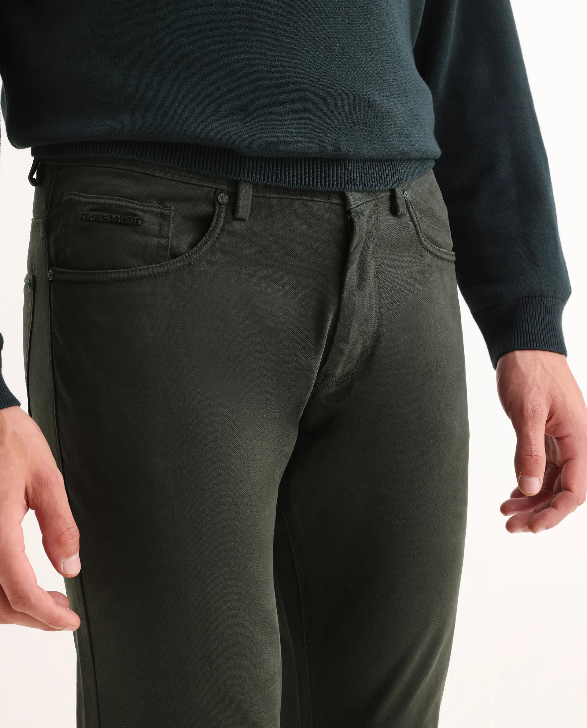 Rare Rabbit Men's Spoke-22 Olive Cotton Plain Regular Fit Trouser