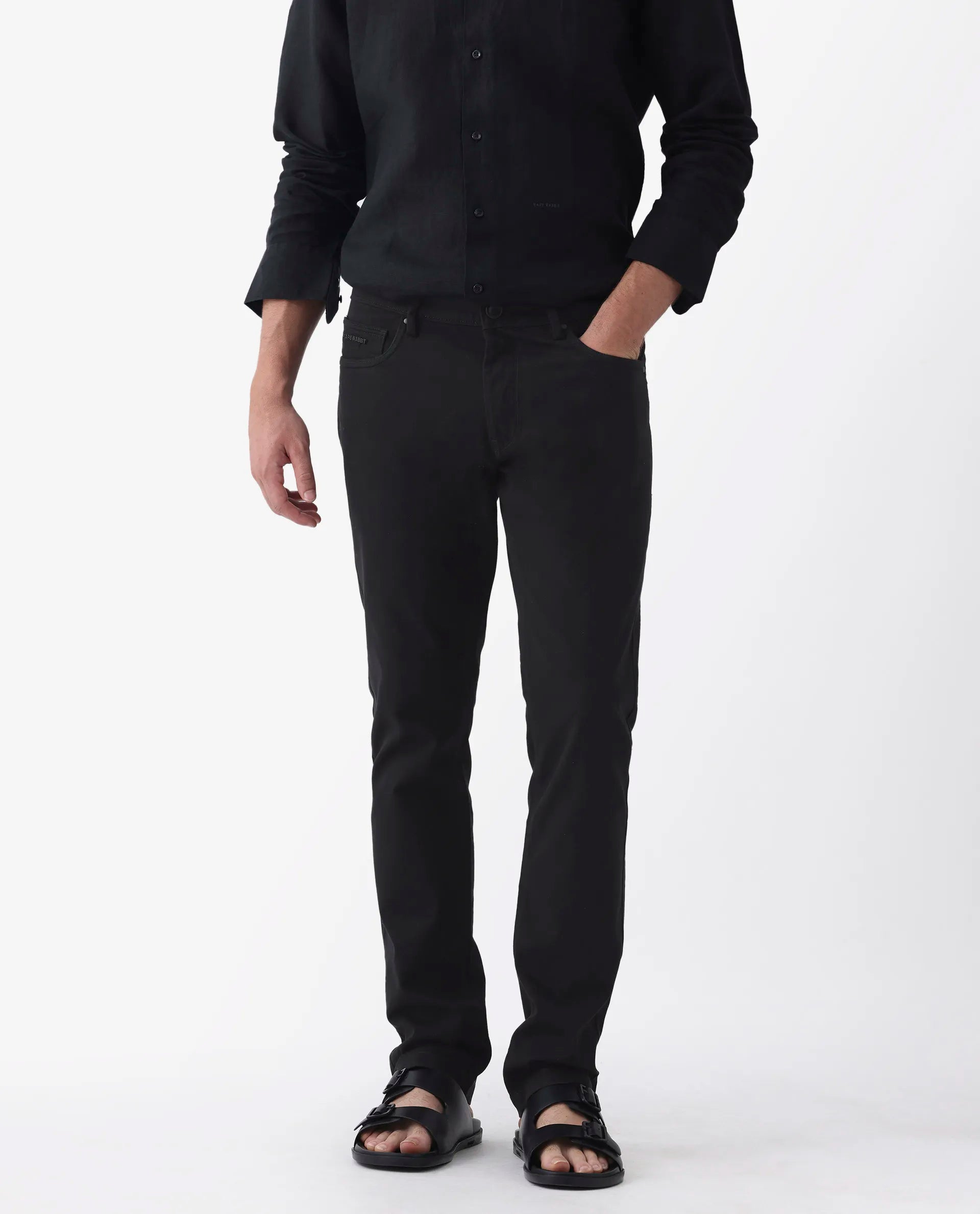 Rare Rabbit Men's Spoke 24 Black Cotton Blend Plain Regular Fit Trouser