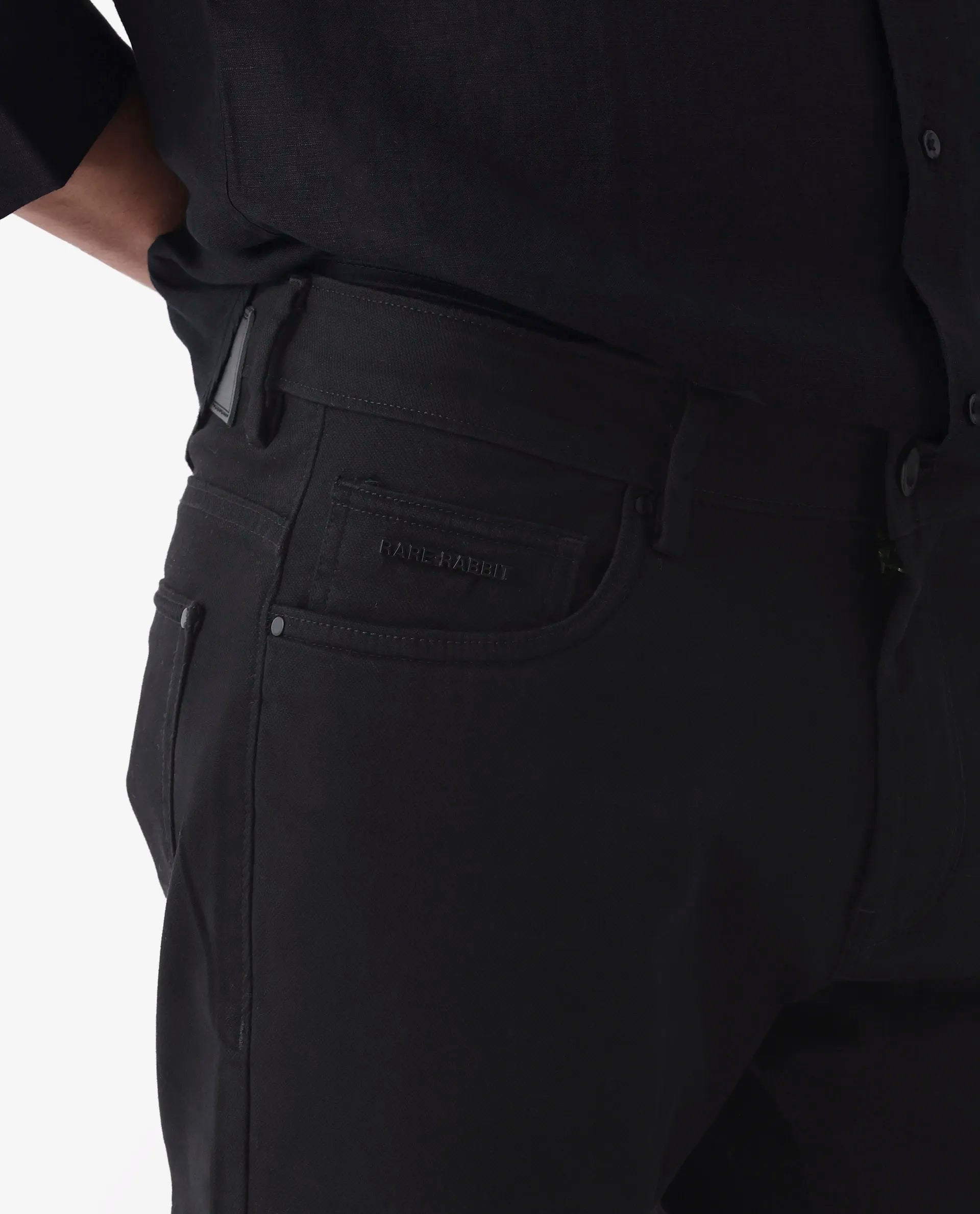 Rare Rabbit Men's Spoke 24 Black Cotton Blend Plain Regular Fit Trouser