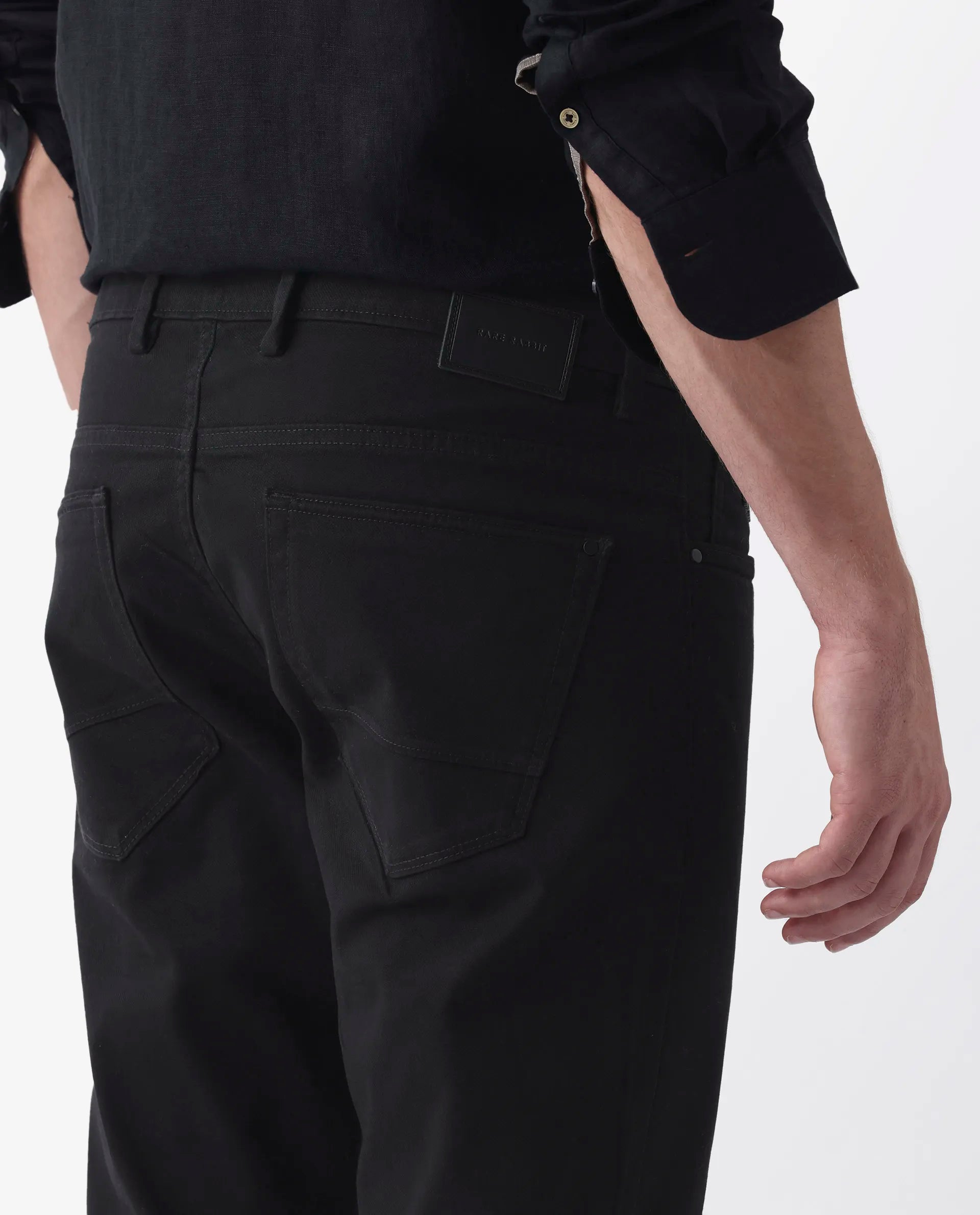 Rare Rabbit Men's Spoke 24 Black Cotton Blend Plain Regular Fit Trouser