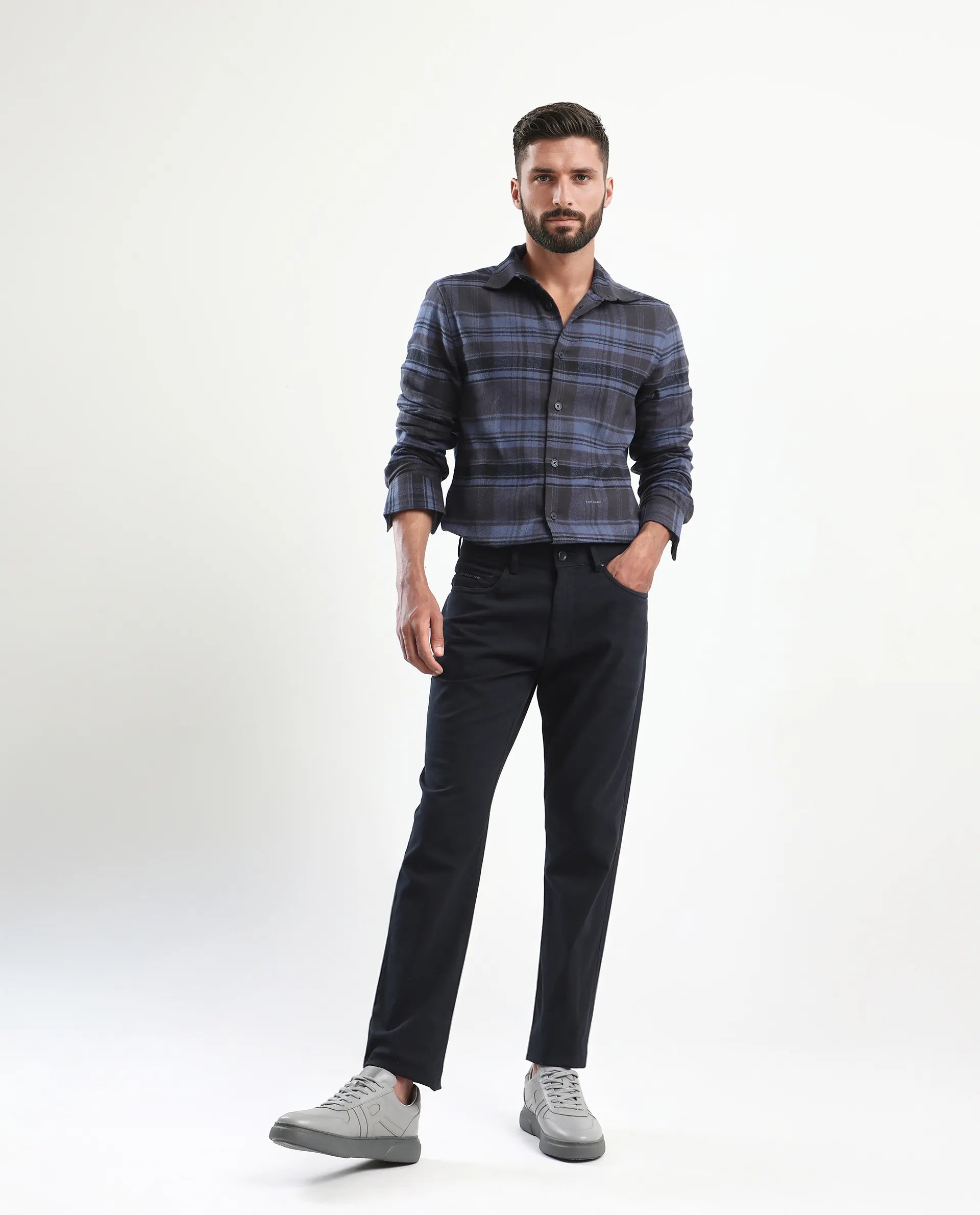 Rare Rabbit Men's Spoke-Aw25 Navy Cotton Blend Plain Regular Fit Trouser