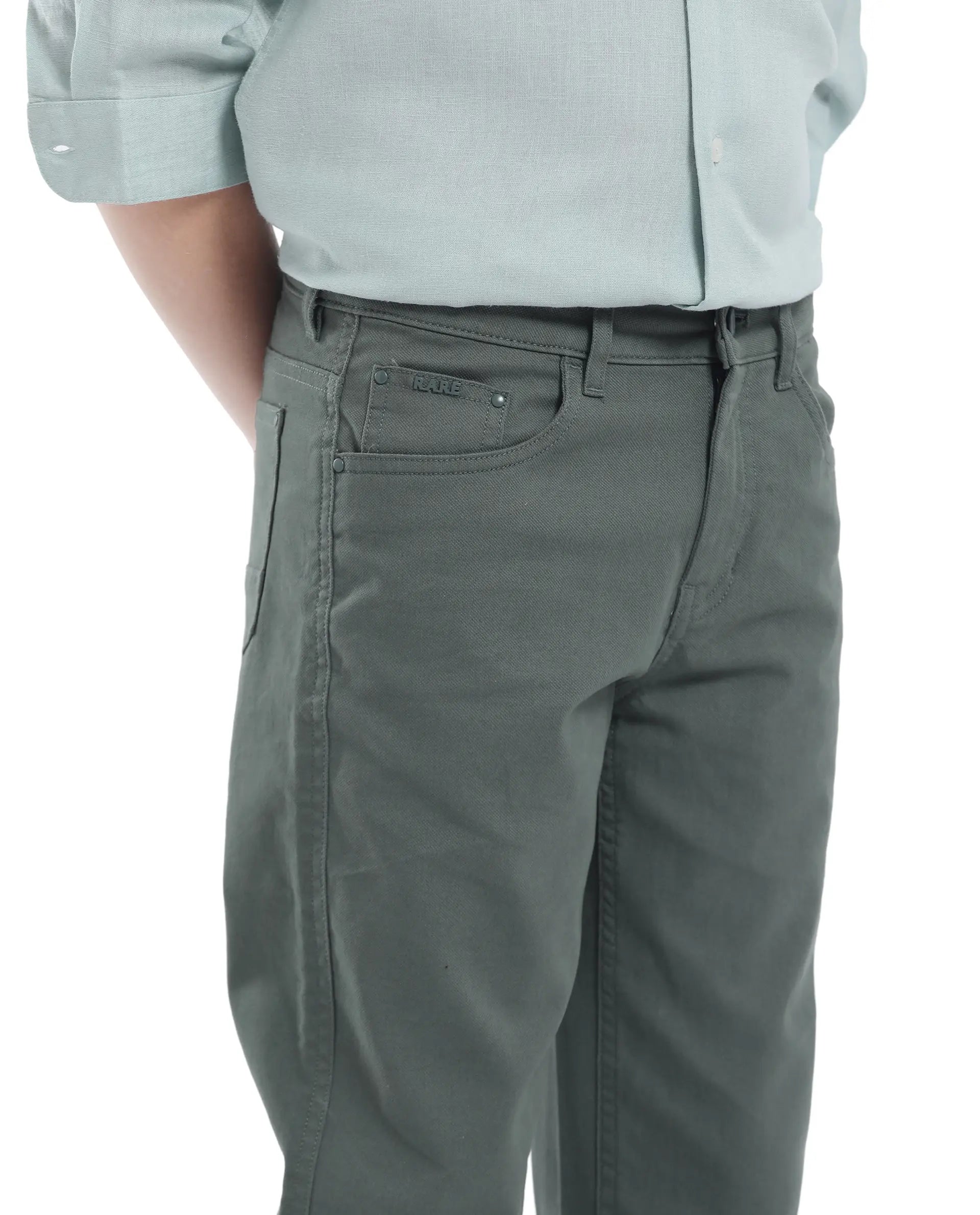 Rare Ones Kids Spoke-K Olive Cotton Button And Zip Closure Solid Regular Fit Trouser