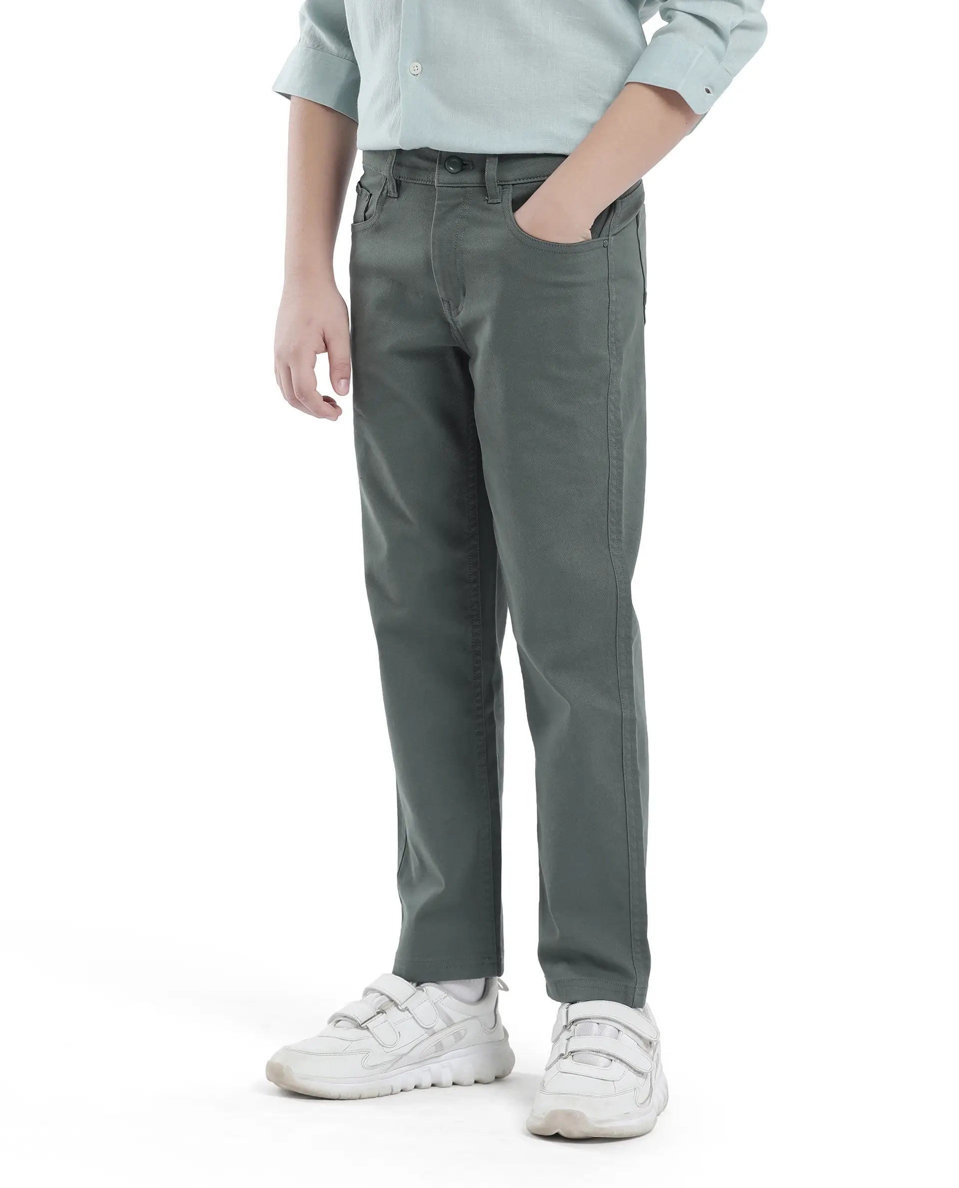 Rare Ones Kids Spoke-K Olive Cotton Button And Zip Closure Solid Regular Fit Trouser