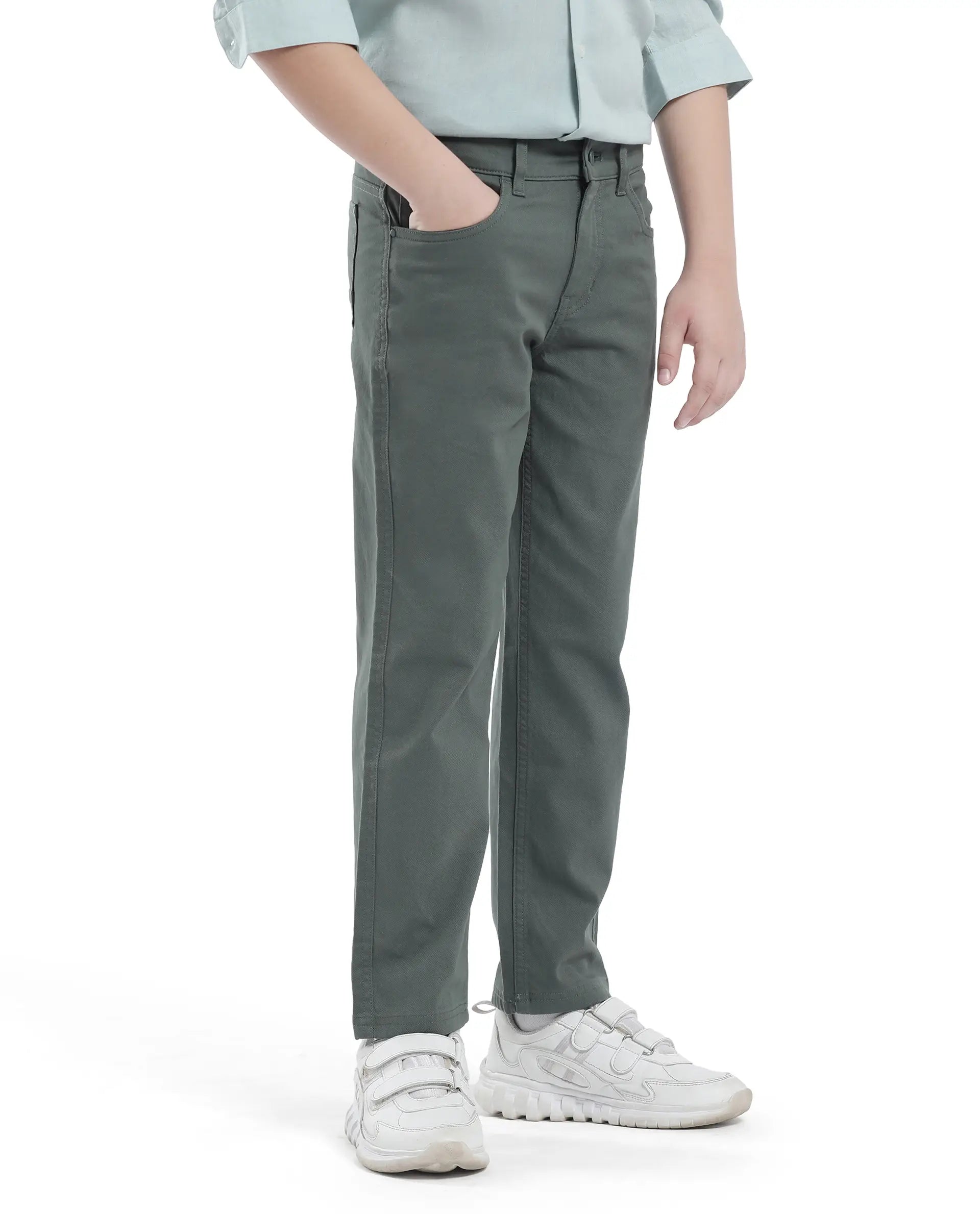 Rare Ones Kids Spoke-K Olive Cotton Button And Zip Closure Solid Regular Fit Trouser