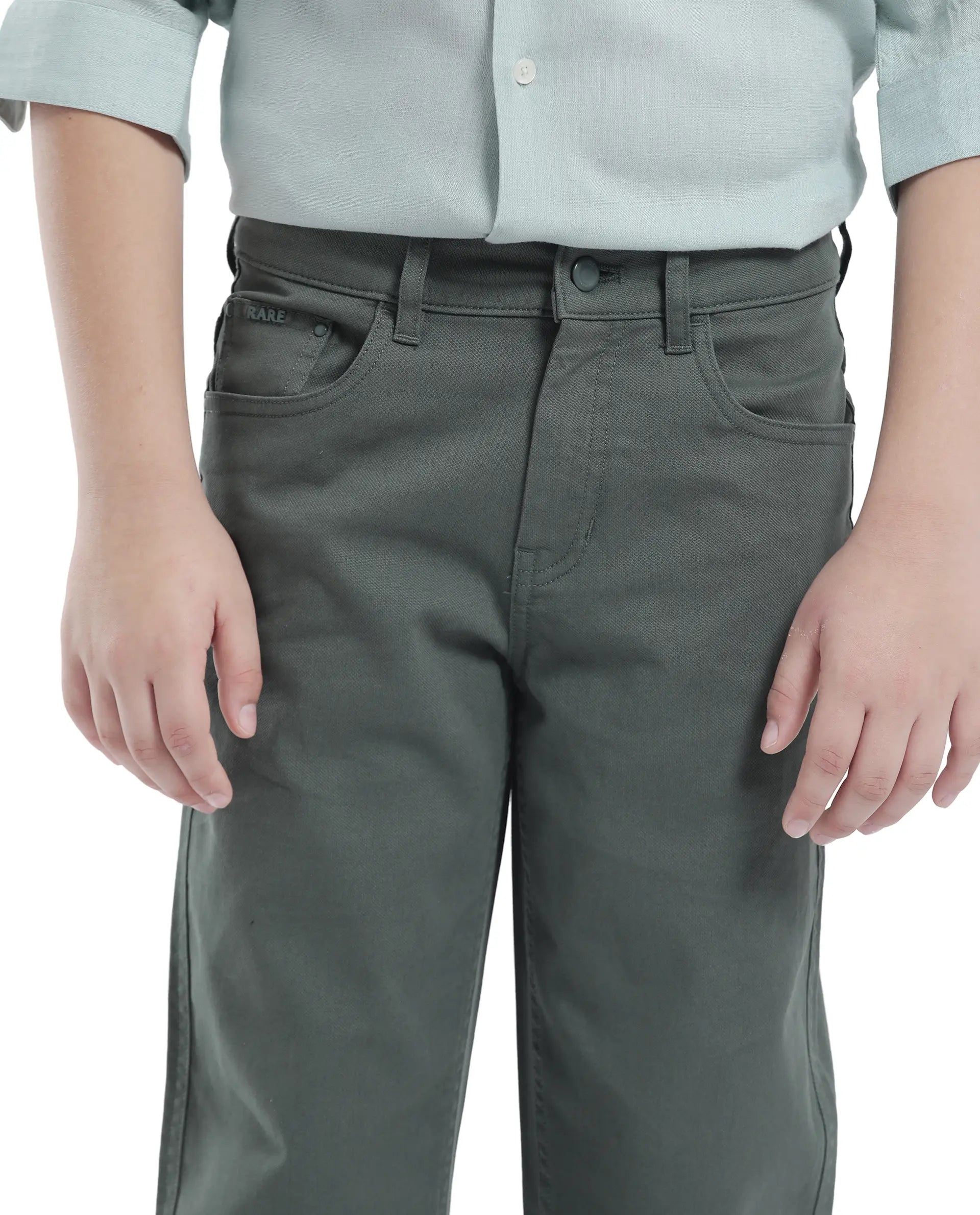 Rare Ones Kids Spoke-K Olive Cotton Button And Zip Closure Solid Regular Fit Trouser