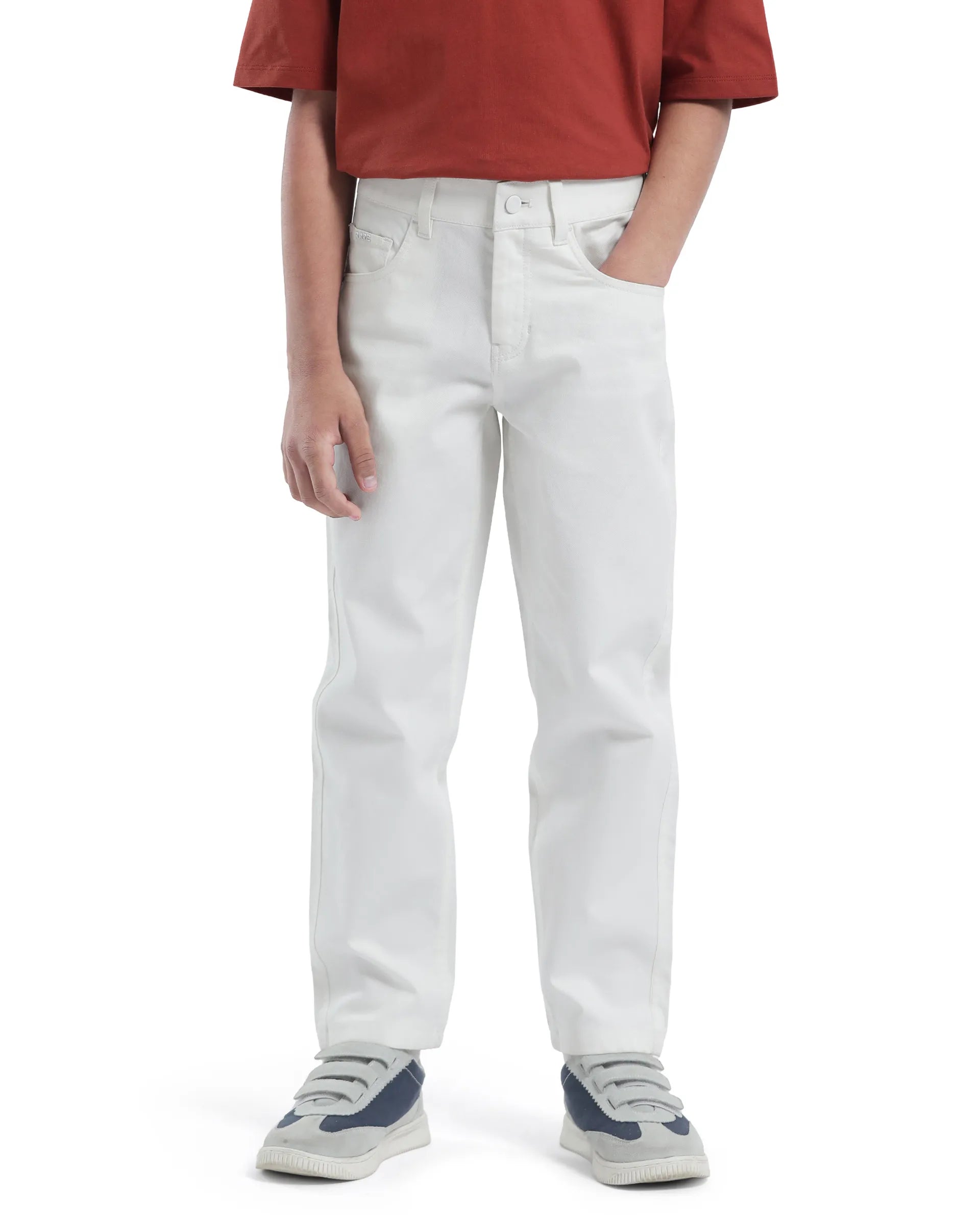 Rare Ones Kids Spoke-K White Cotton Button & Zip Closure Solid Regular Fit Trouser