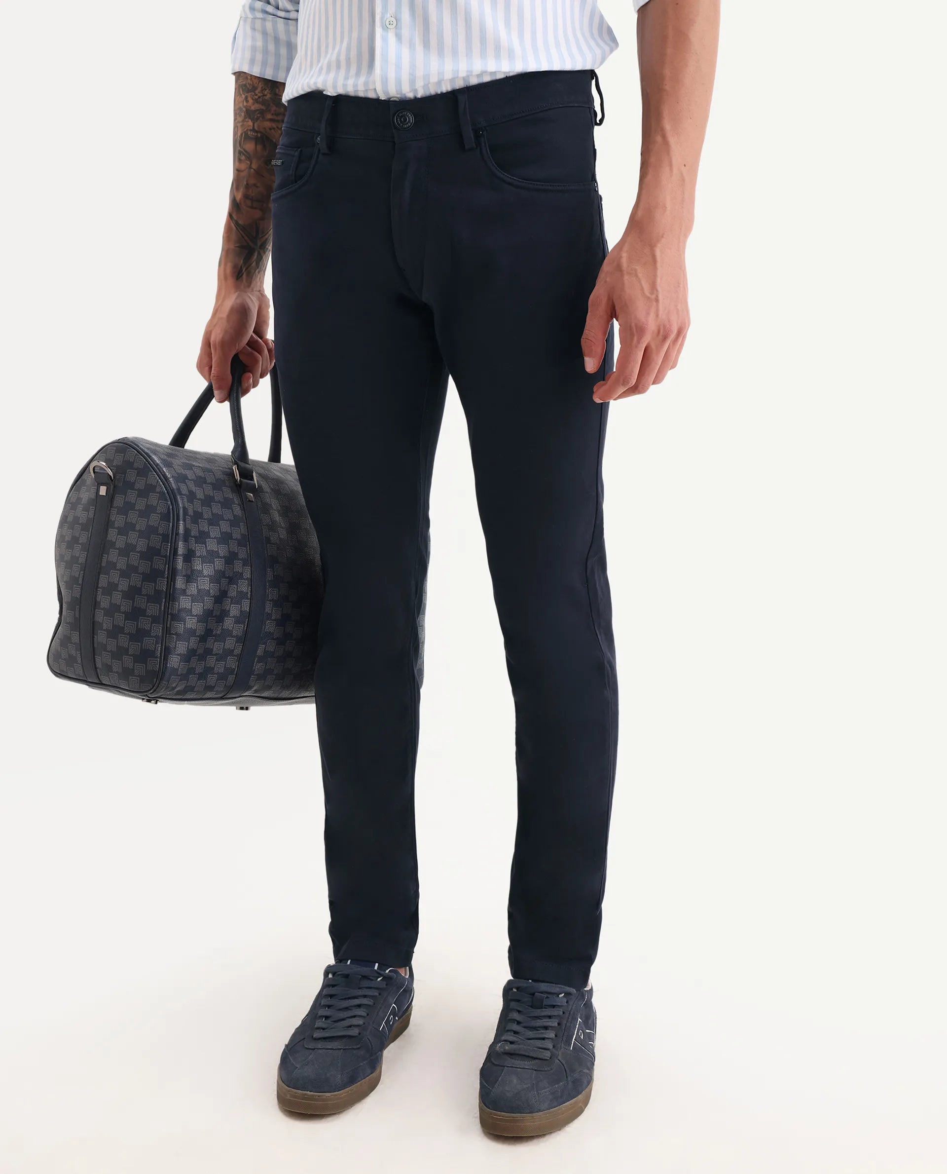 Rare Rabbit Men's Spoke-22 Navy Cotton Plain Regular Fit Trouser