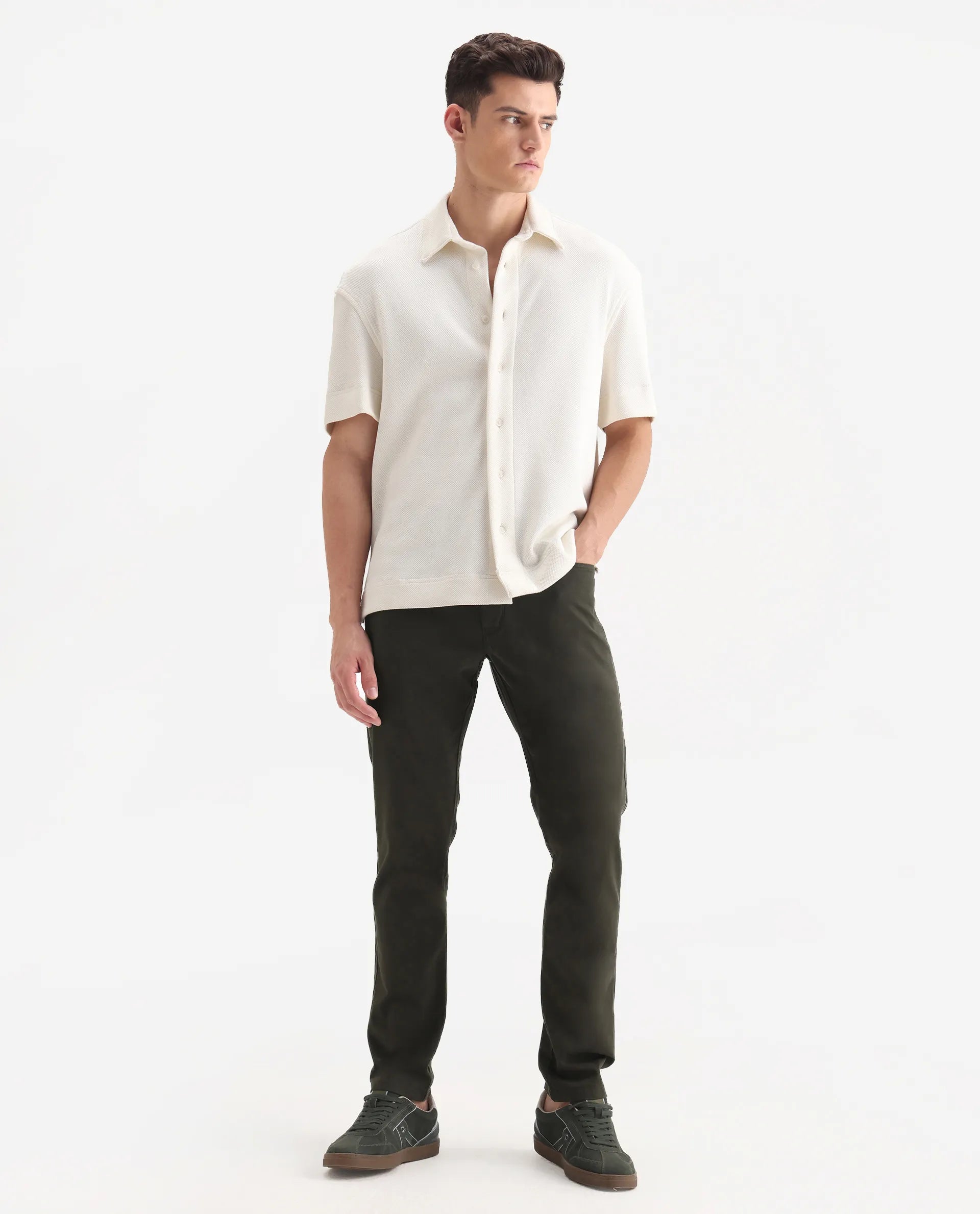 Rare Rabbit Men's Spoke-Aw25 Dark Green Cotton Blend Plain Regular Fit Trouser