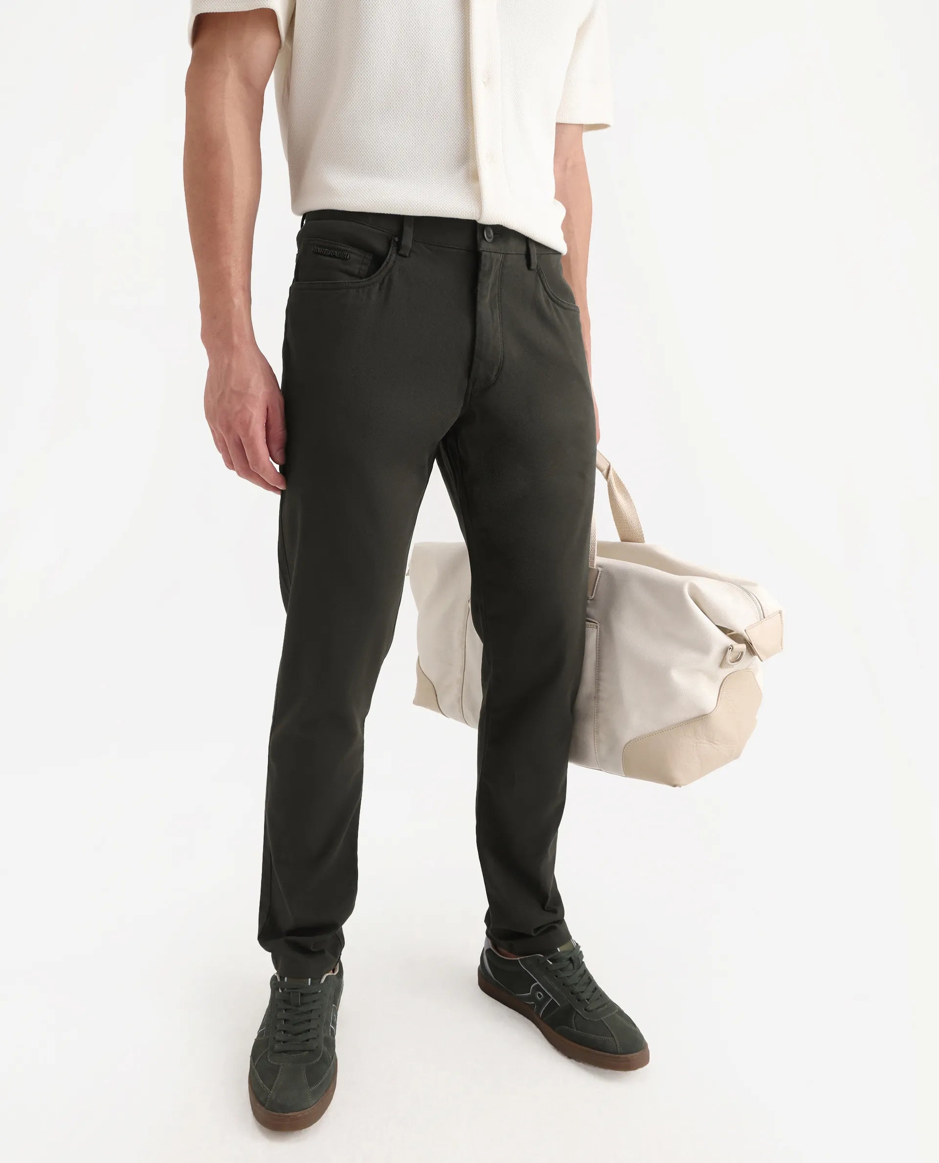 Rare Rabbit Men's Spoke-Aw25 Dark Green Cotton Blend Plain Regular Fit Trouser