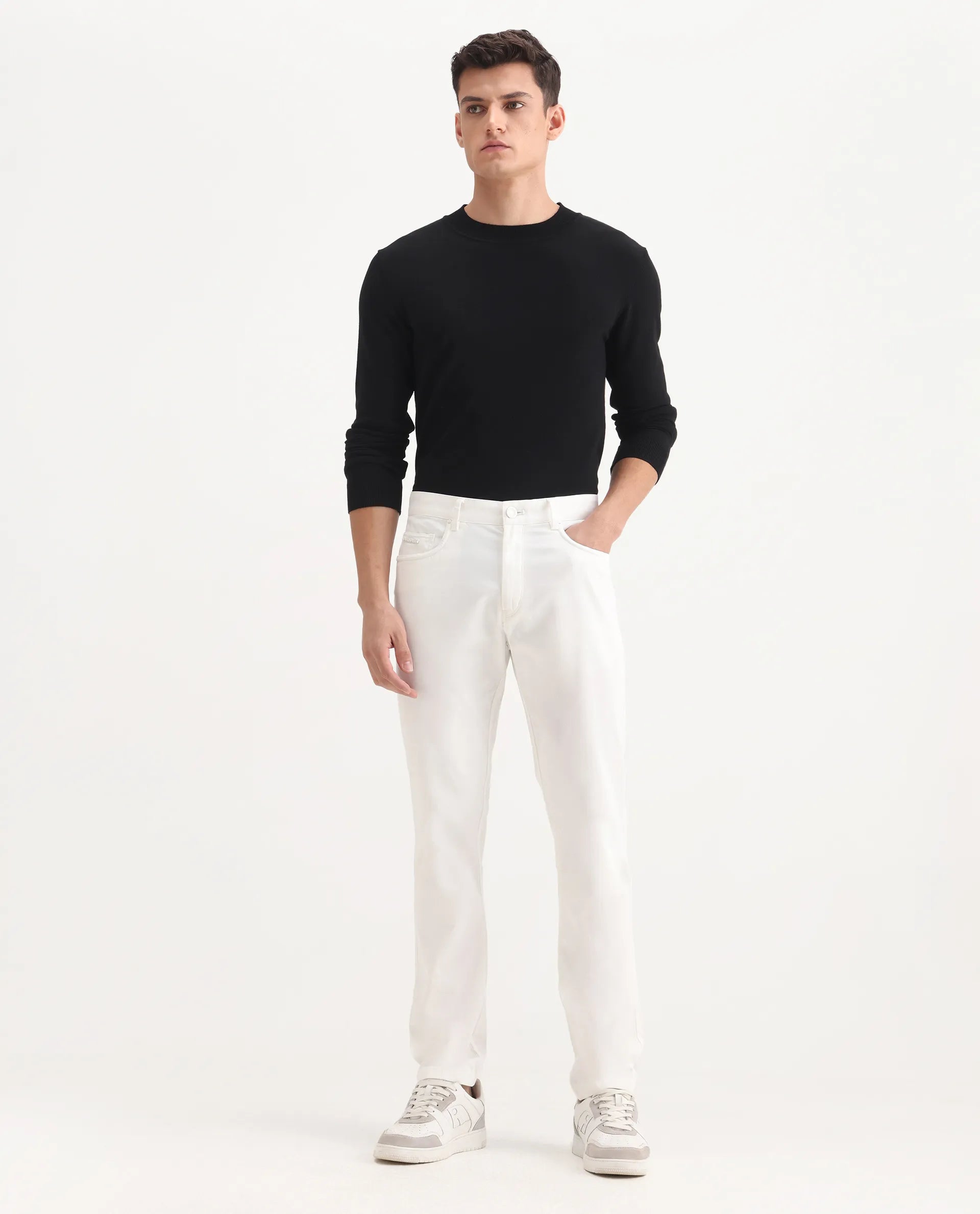 Rare Rabbit Men's Spoke-Aw25 White Cotton Blend Plain Regular Fit Trouser