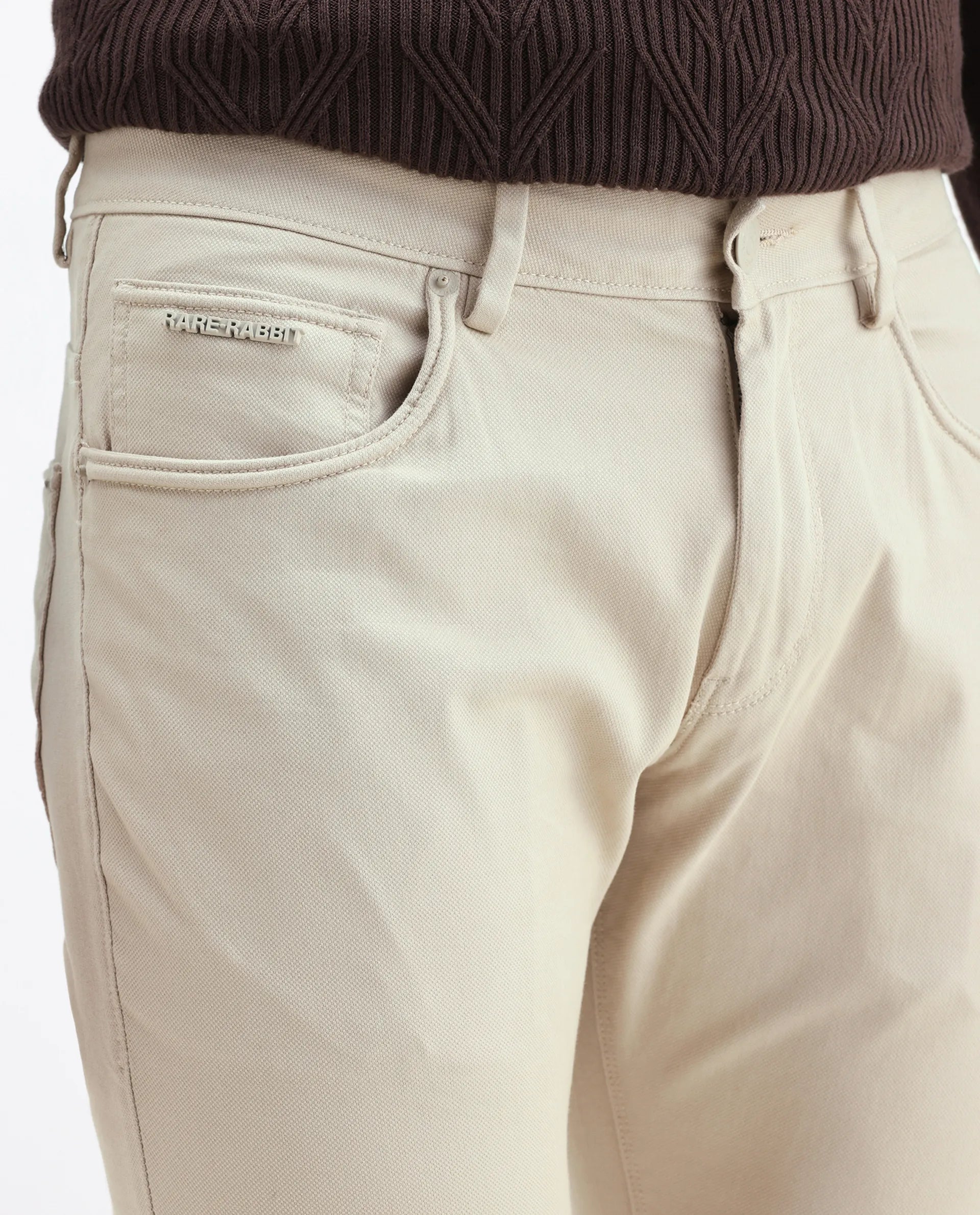 Rare Rabbit Men's Spoke Beige Cotton Plain Regular Fit Trouser