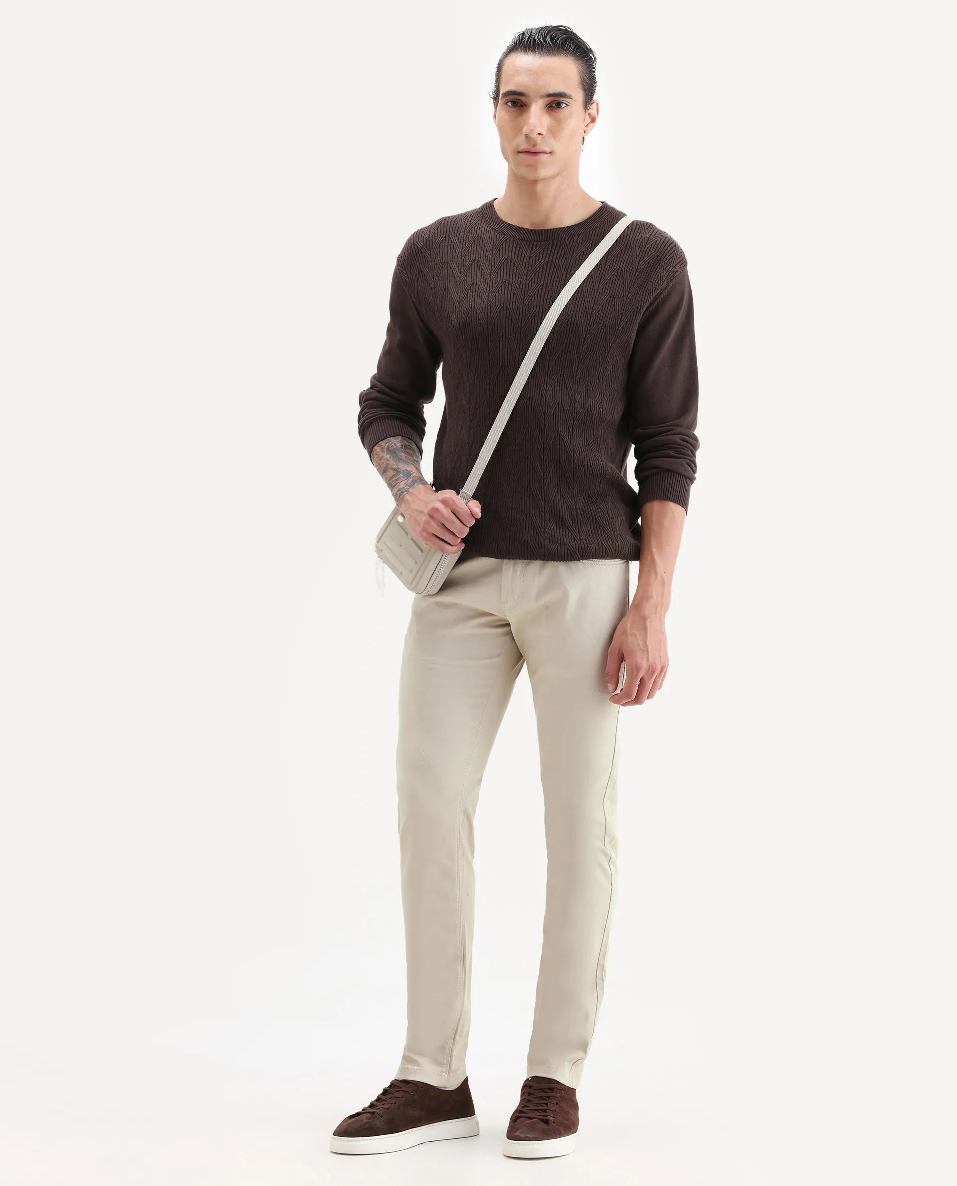 Rare Rabbit Men's Spoke Beige Cotton Plain Regular Fit Trouser