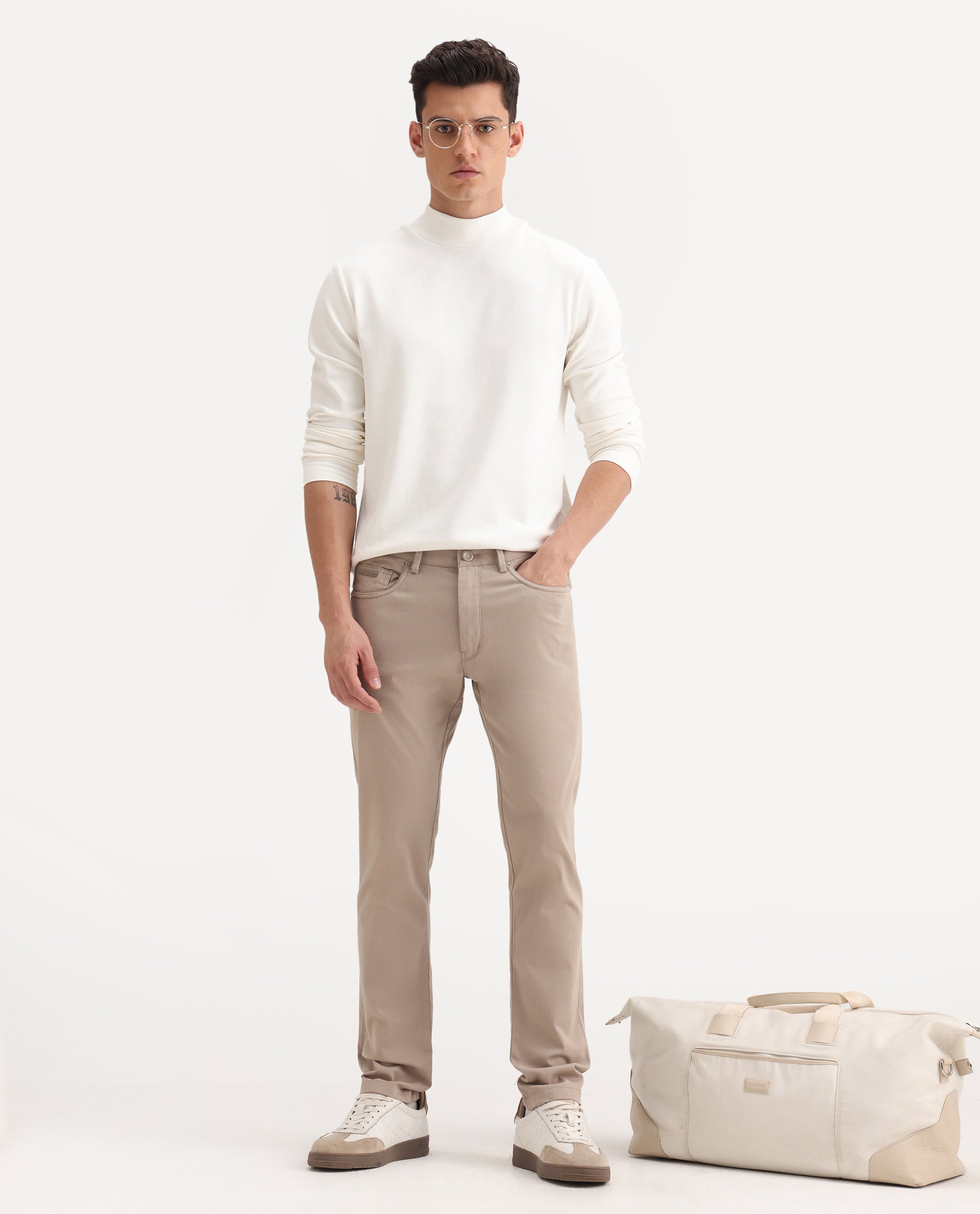 Rare Rabbit Men's Spoke-Aw25 Beige Cotton Blend Plain Regular Fit Trouser