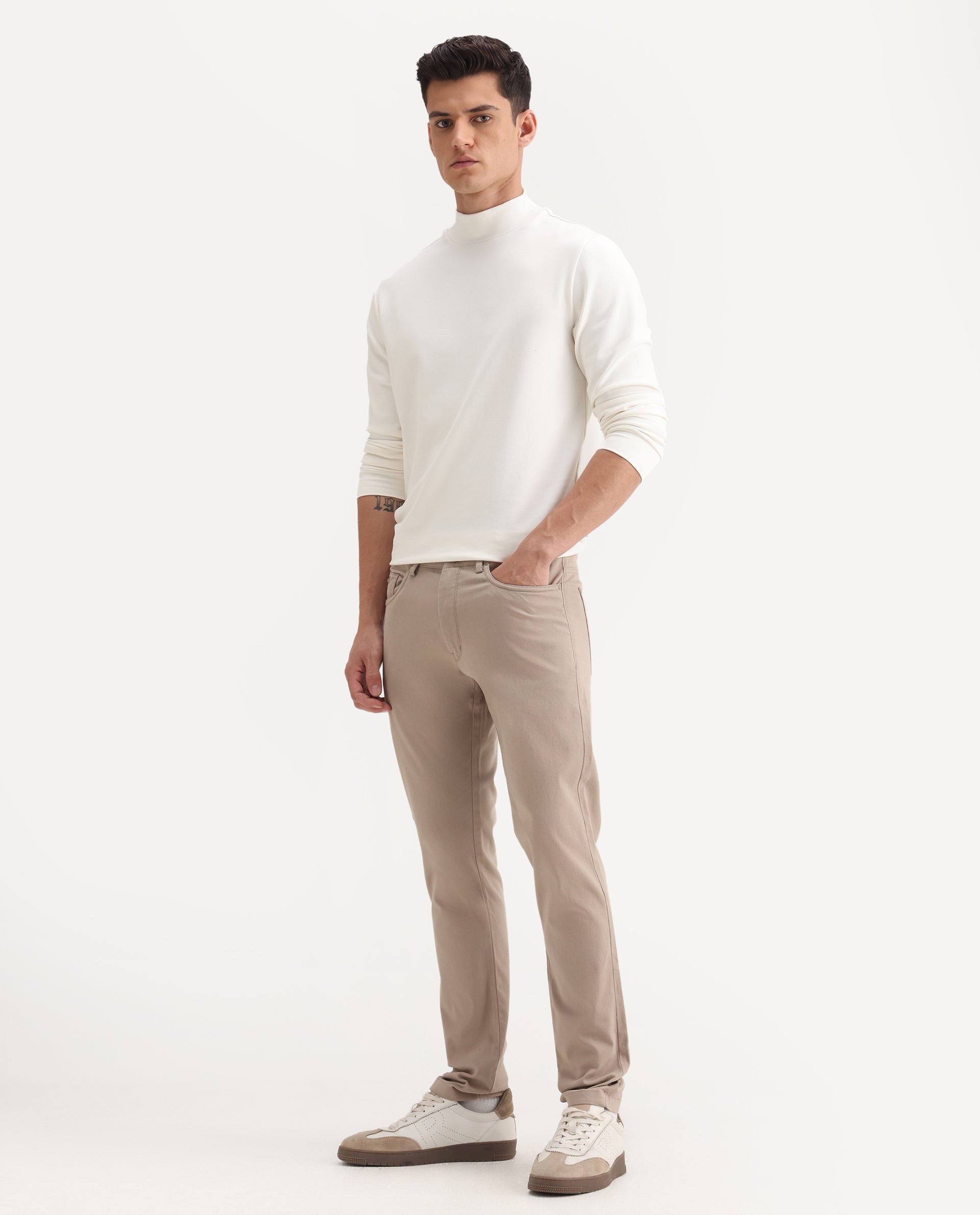Rare Rabbit Men's Spoke-Aw25 Beige Cotton Blend Plain Regular Fit Trouser