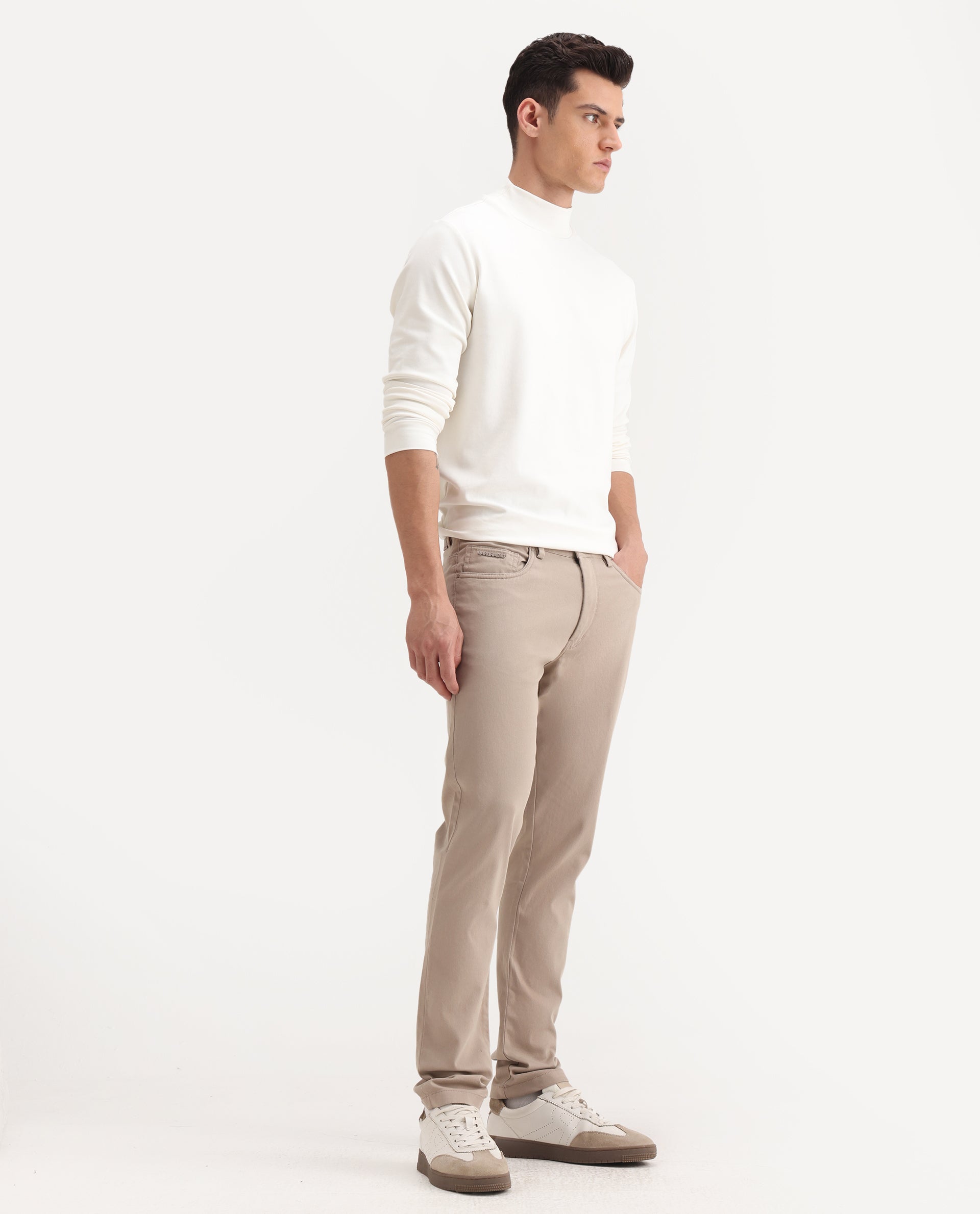 Rare Rabbit Men's Spoke-Aw25 Beige Cotton Blend Plain Regular Fit Trouser