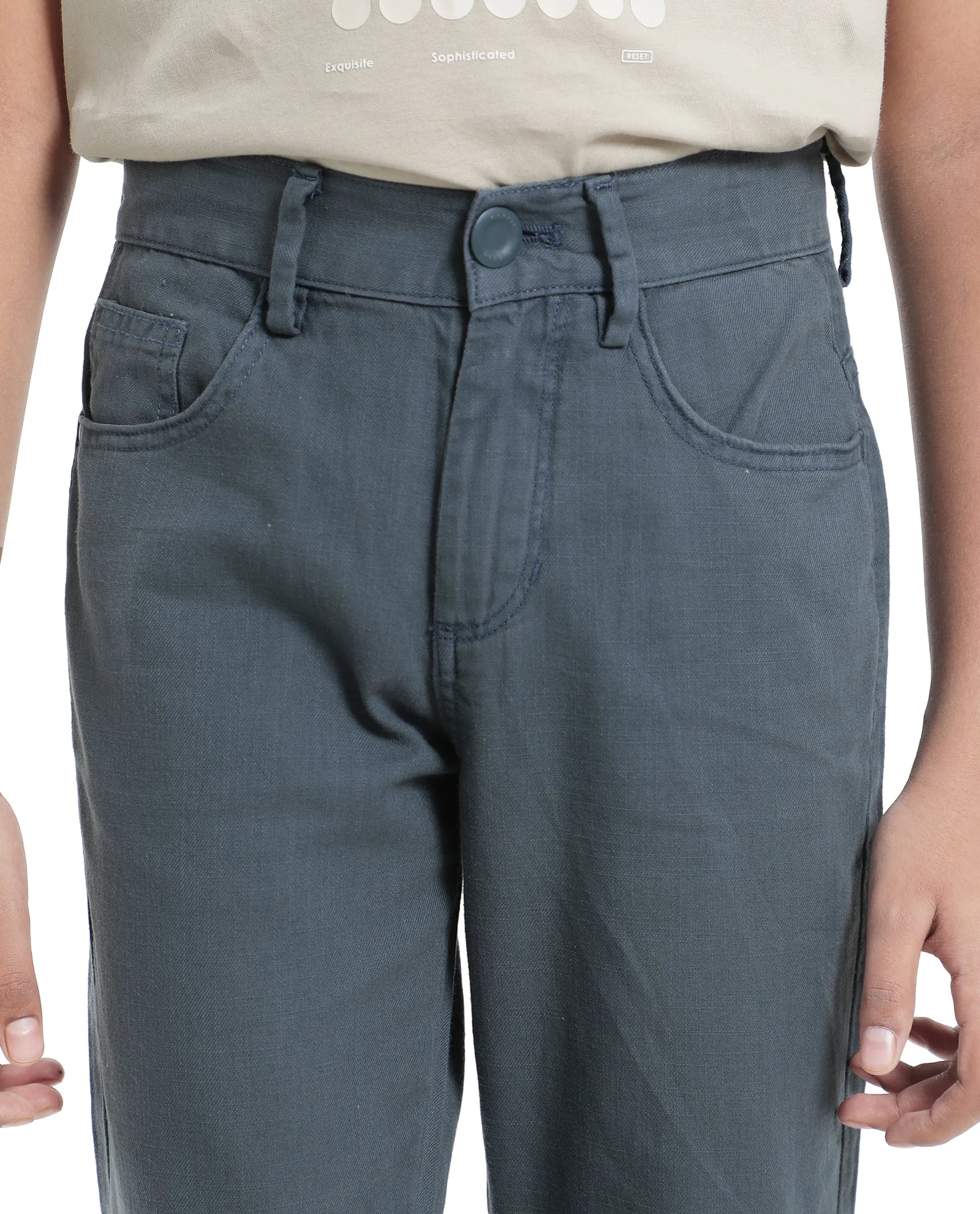 Rare Ones Kids Spon Dusky Blue Cotton Button & Zip Regular Fit Plain Trouser