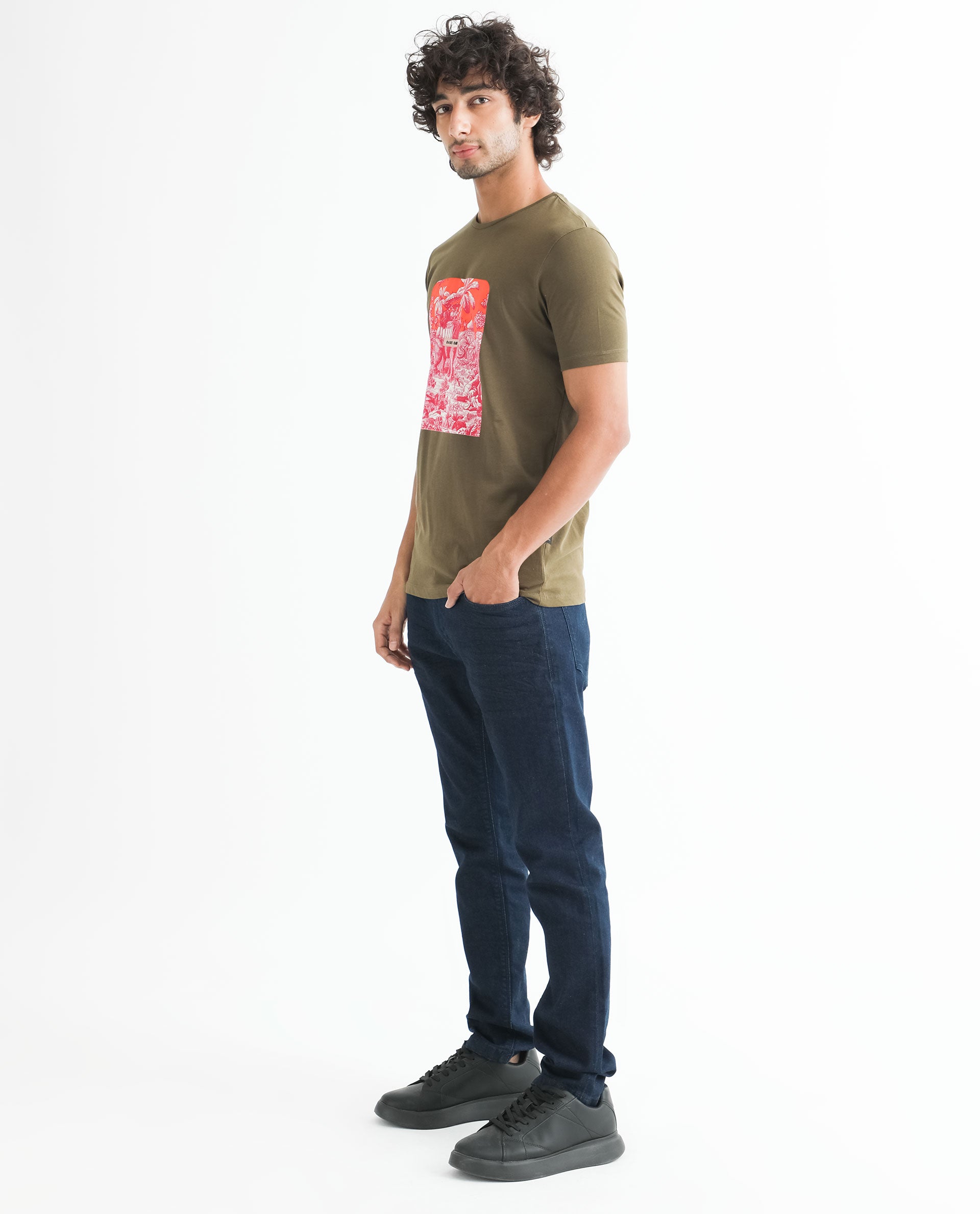 Rare Rabbit Men's Spread Green Crew Neck Regular Fit Tropical Graphic Print T-Shirt