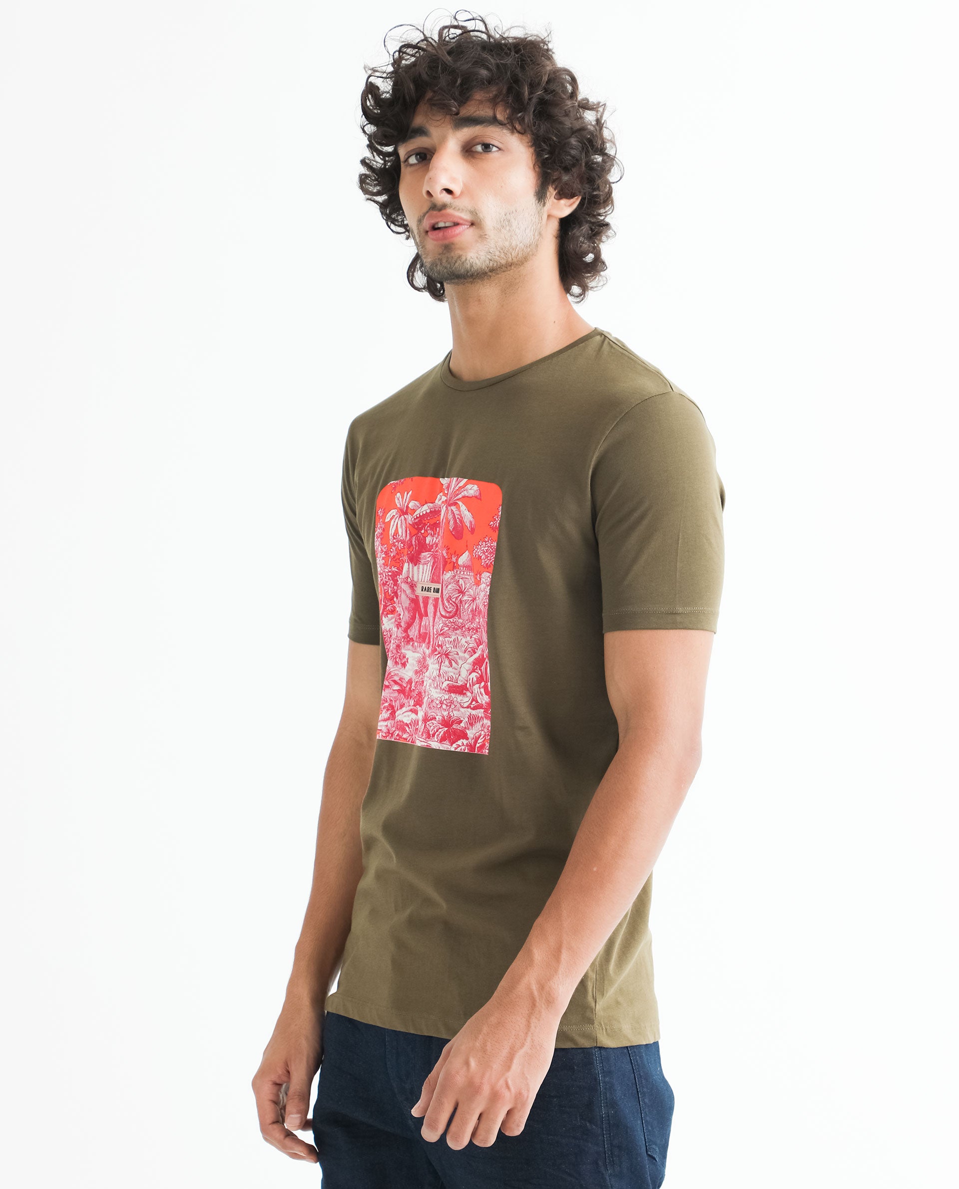 Rare Rabbit Men's Spread Green Crew Neck Regular Fit Tropical Graphic Print T-Shirt