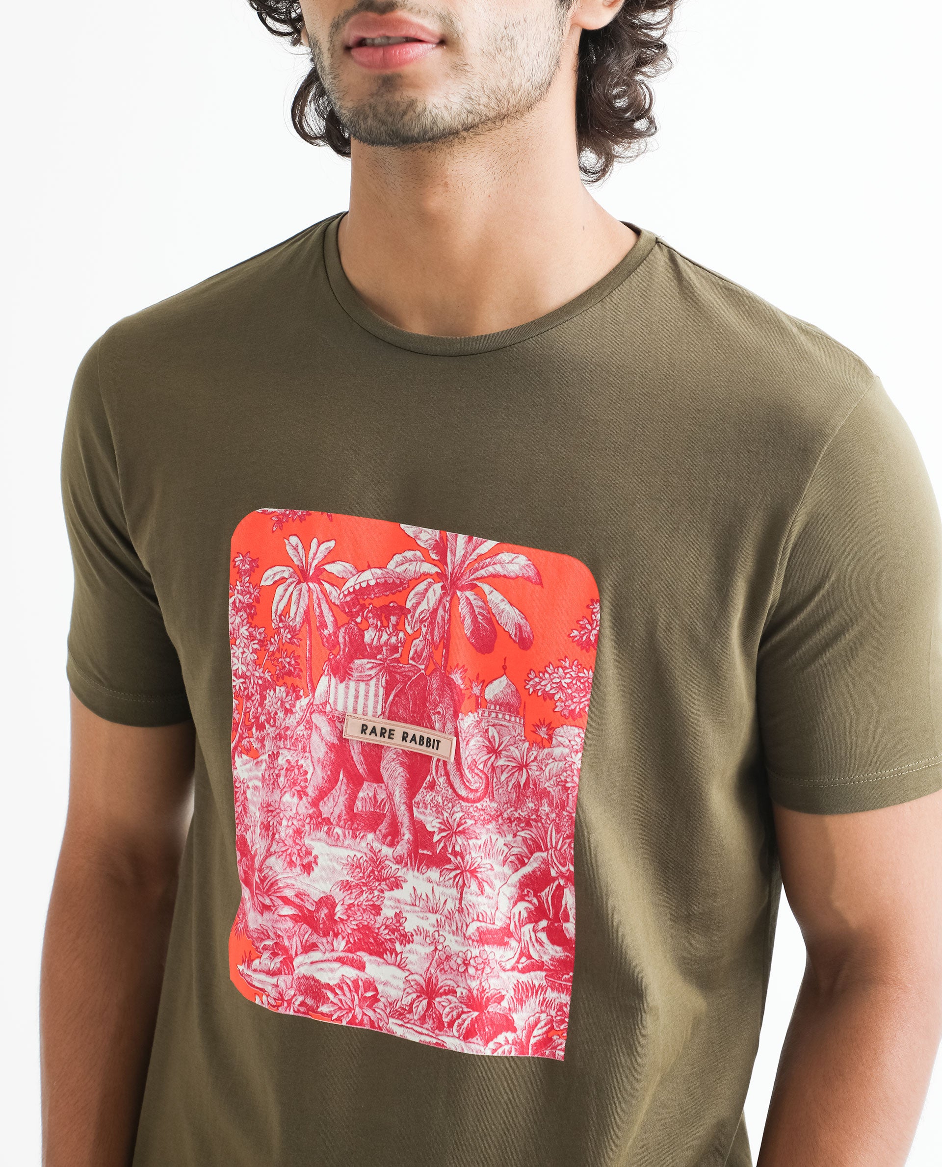 Rare Rabbit Men's Spread Green Crew Neck Regular Fit Tropical Graphic Print T-Shirt