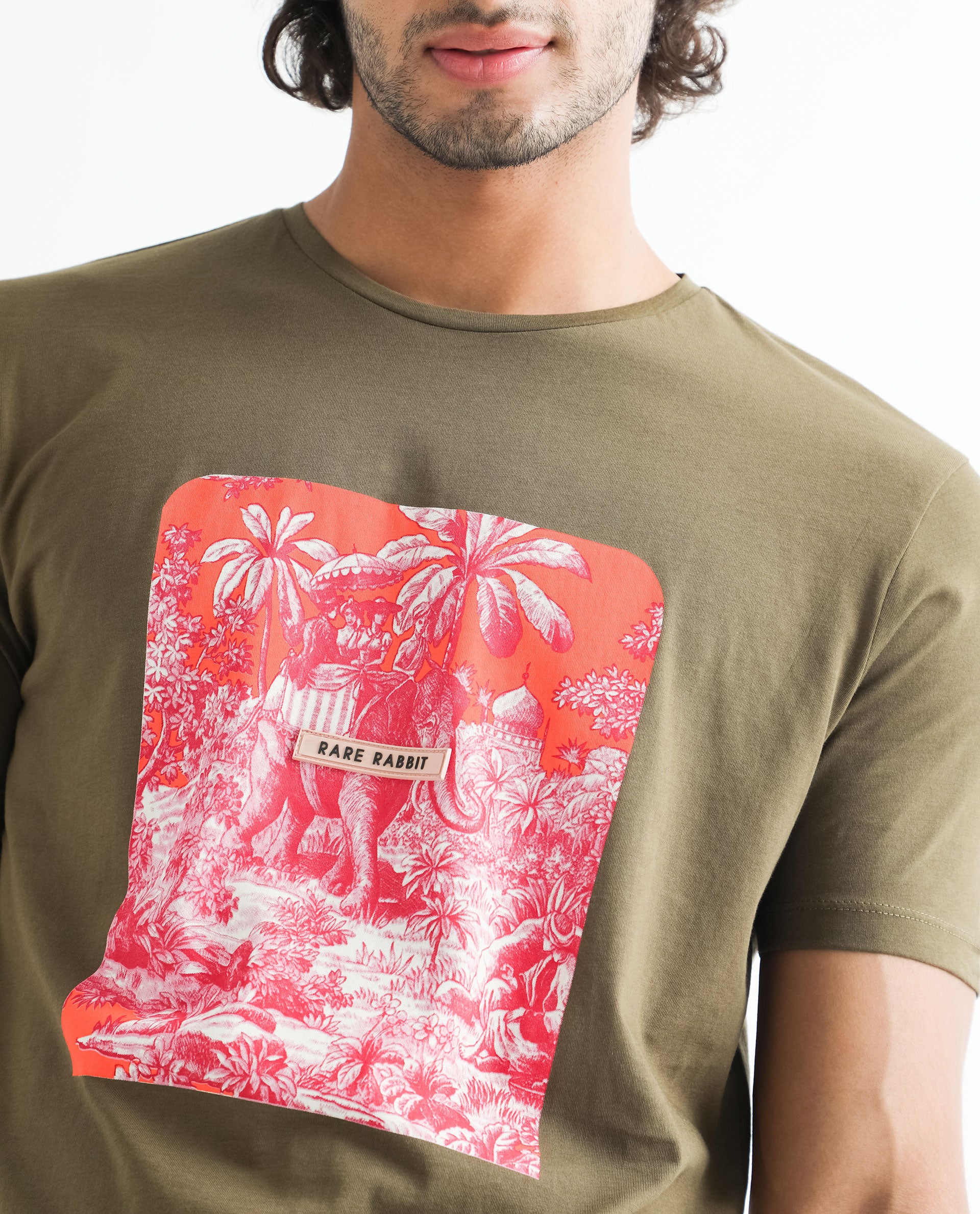 Rare Rabbit Men's Spread Green Crew Neck Regular Fit Tropical Graphic Print T-Shirt